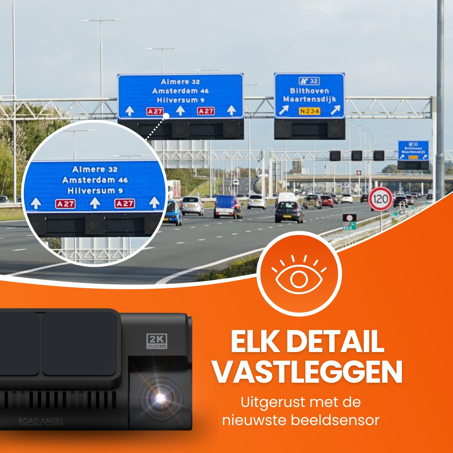 Publicité pour caméra de bord de voiture sur fond orange avec panneaux routiers et voiture sur autoroute.