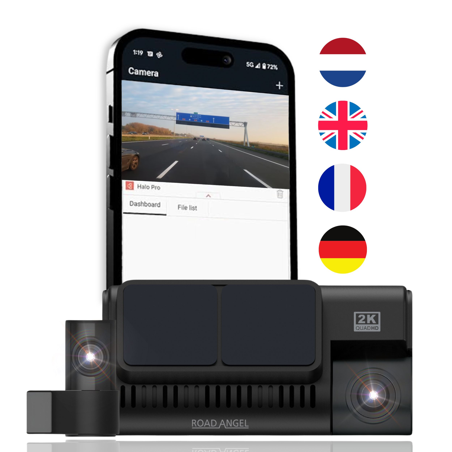Un smartphone affiche une vue de caméra de tableau de bord. Les drapeaux des Pays-Bas, du Royaume-Uni, de la France et de l'Allemagne sont affichés.
