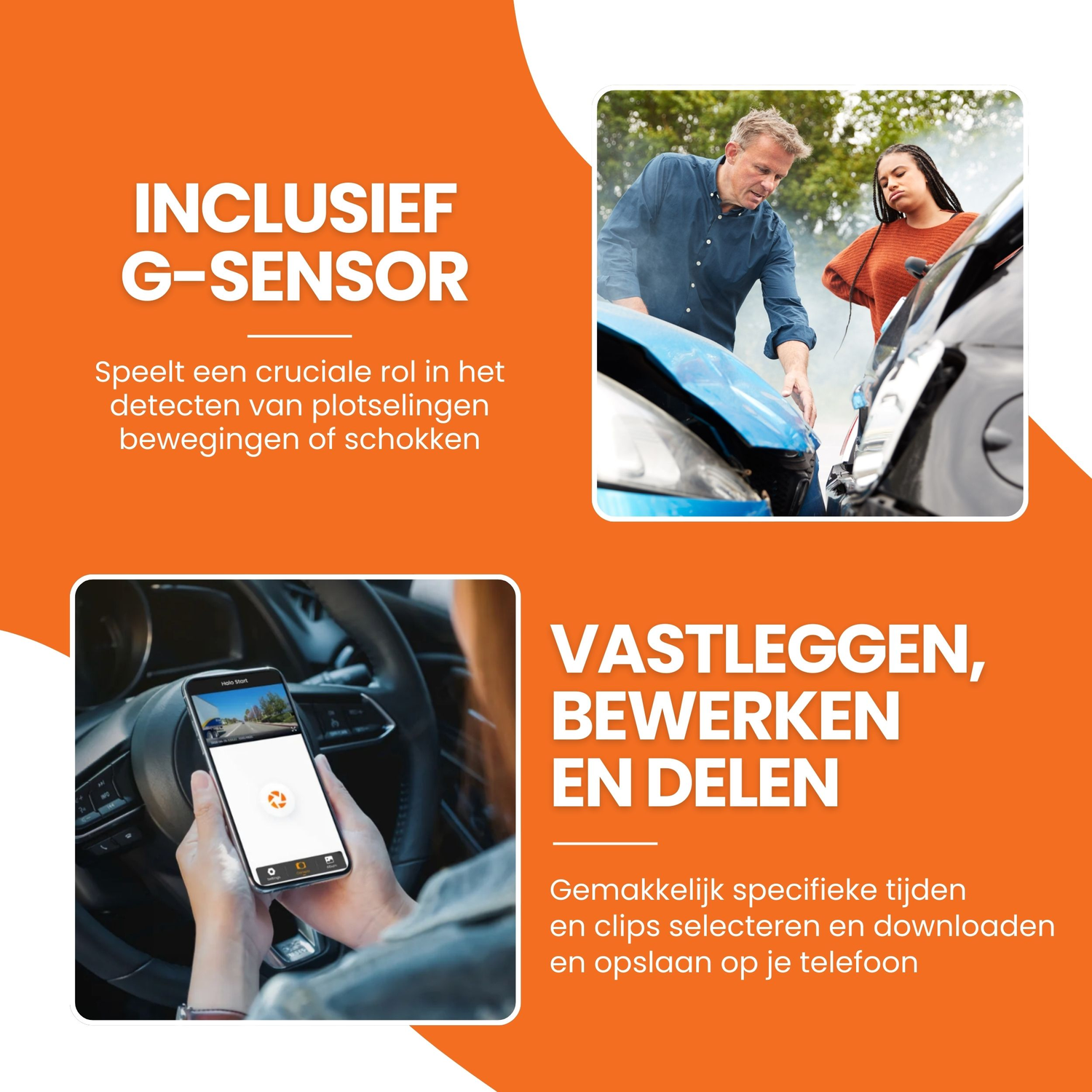 Une publicité avec du texte et des images sur un accident de voiture et un écran de téléphone affichant une interface de caméra de tableau de bord.