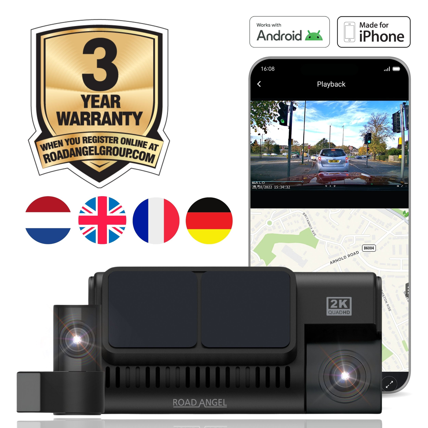 Une caméra de tableau de bord, écran de téléphone montrant une scène de voiture, drapeaux Pays-Bas, Royaume-Uni, France, Allemagne.