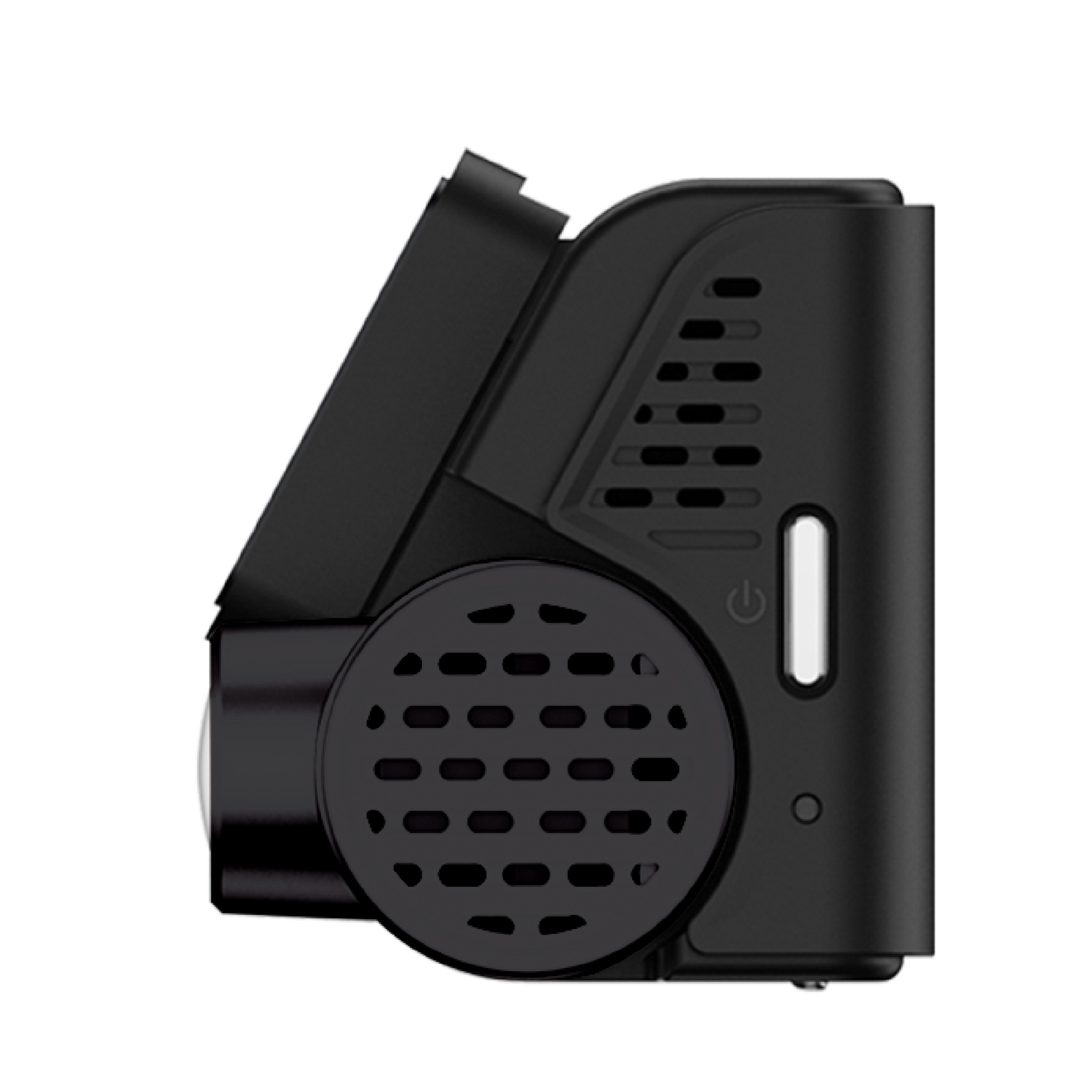 Dashcam noire avec plusieurs sections, vue latérale, avec évents et un bouton d'alimentation.