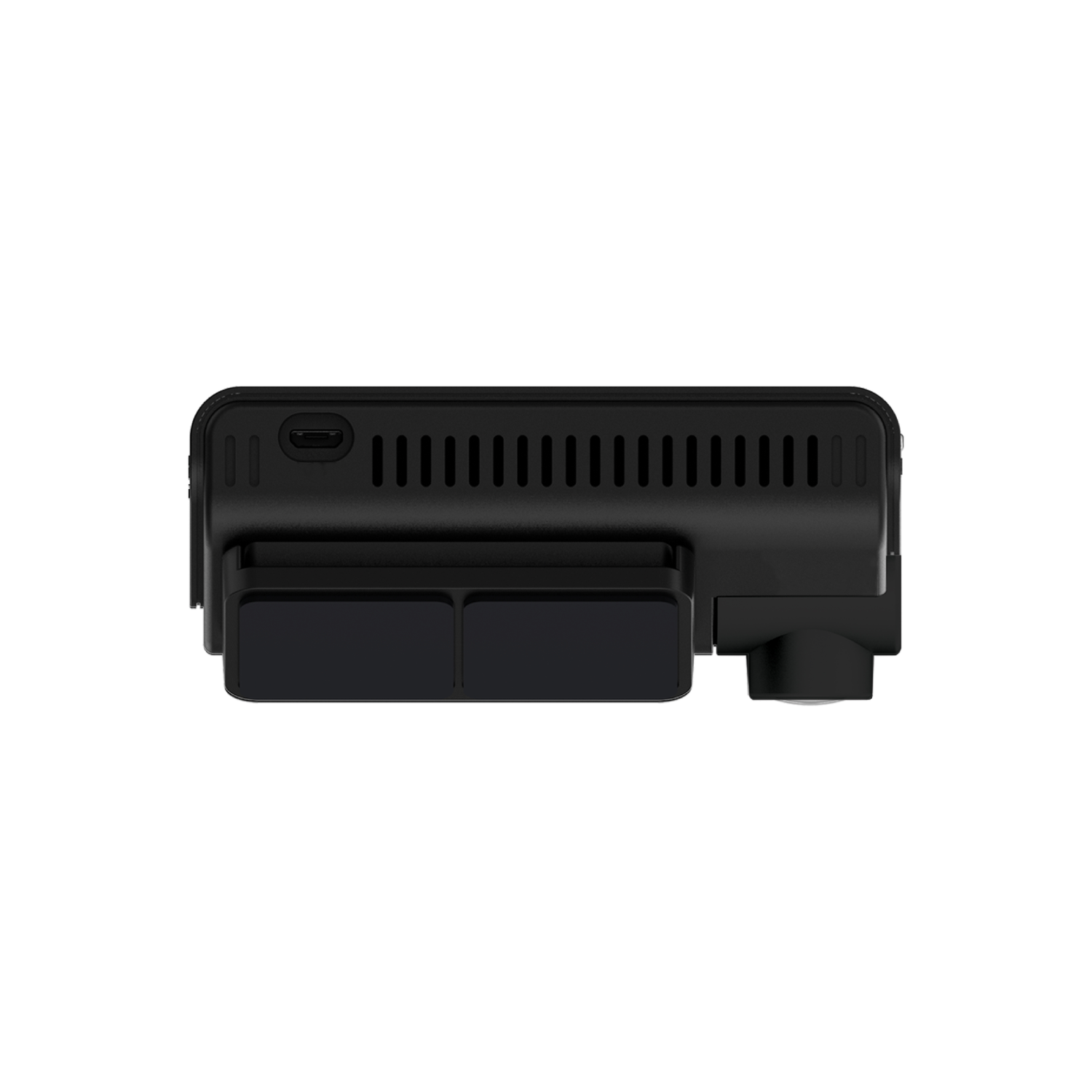 Un appareil noir avec plusieurs ports et une lentille, vu d'en haut.