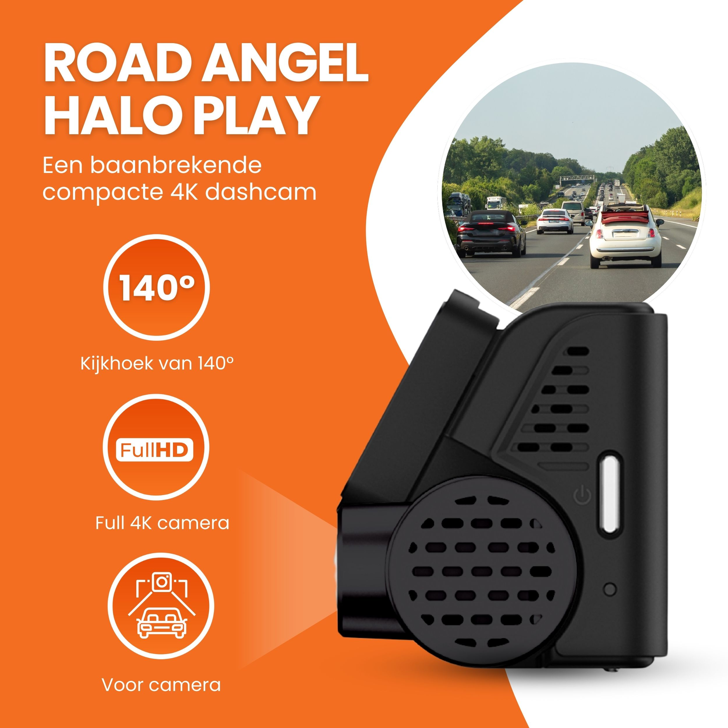 Een dashcam met pictogrammen en een snelweg op de achtergrond. Tekst leest Road Angel Halo Play.