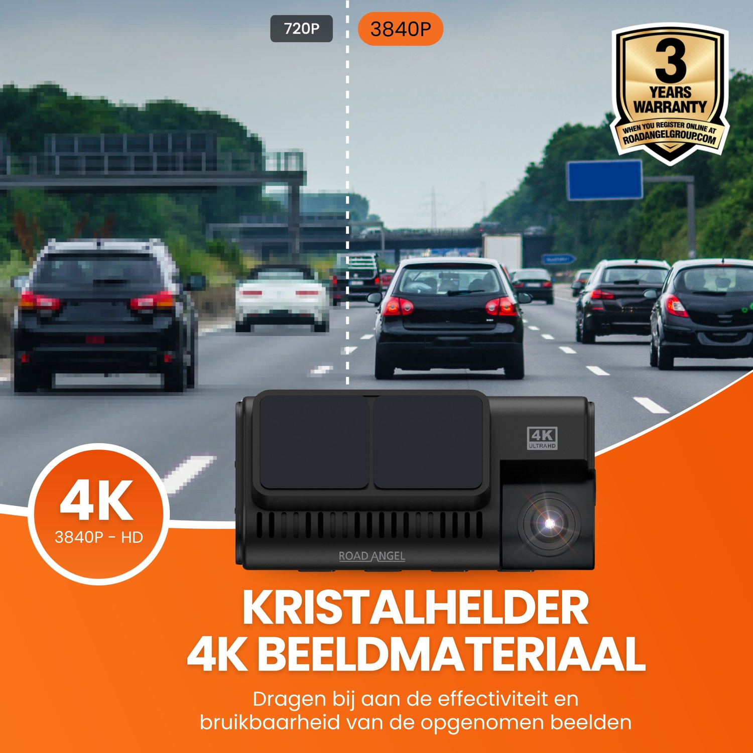 Een dashcam met een 4K-resolutie op een snelweg, met 3 jaar garantie.