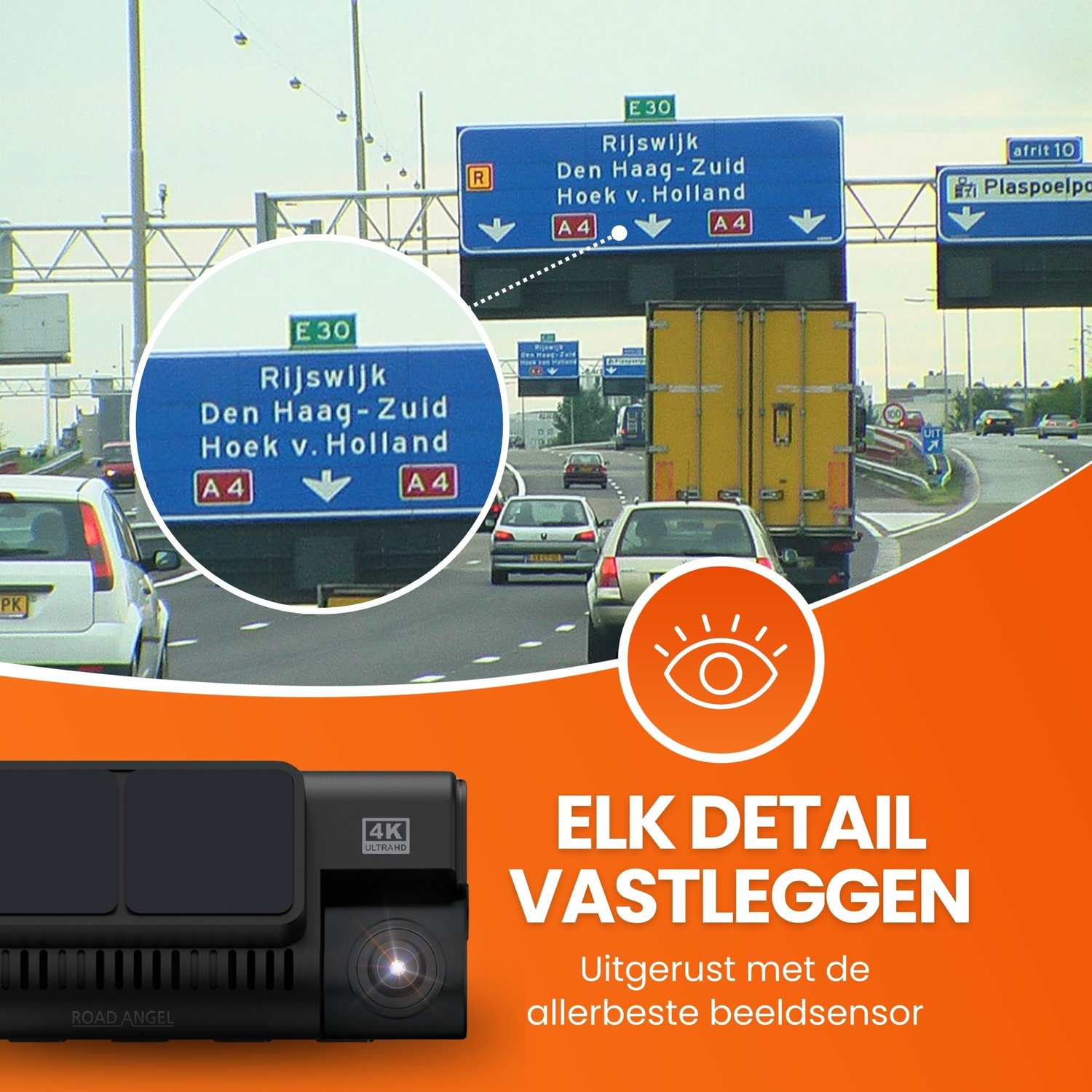 Snelwegbord: Rijswijk, Den Haag-Zuid, Hoek v. Holland, met auto's en een vrachtwagen op een bewolkte dag.
