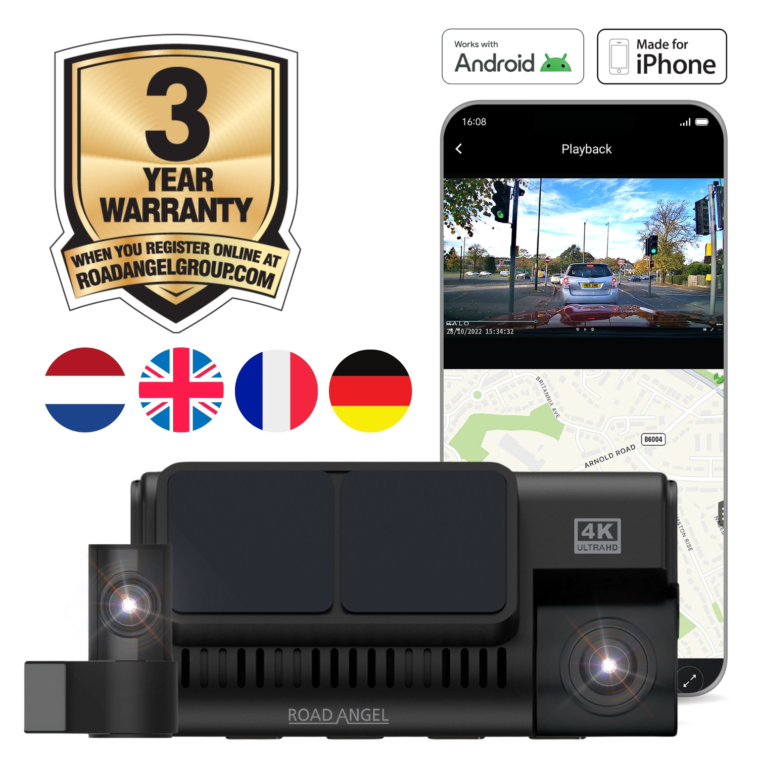 Dashcam-opstelling met wegweergave, vlaggen en 3 jaar garantie.