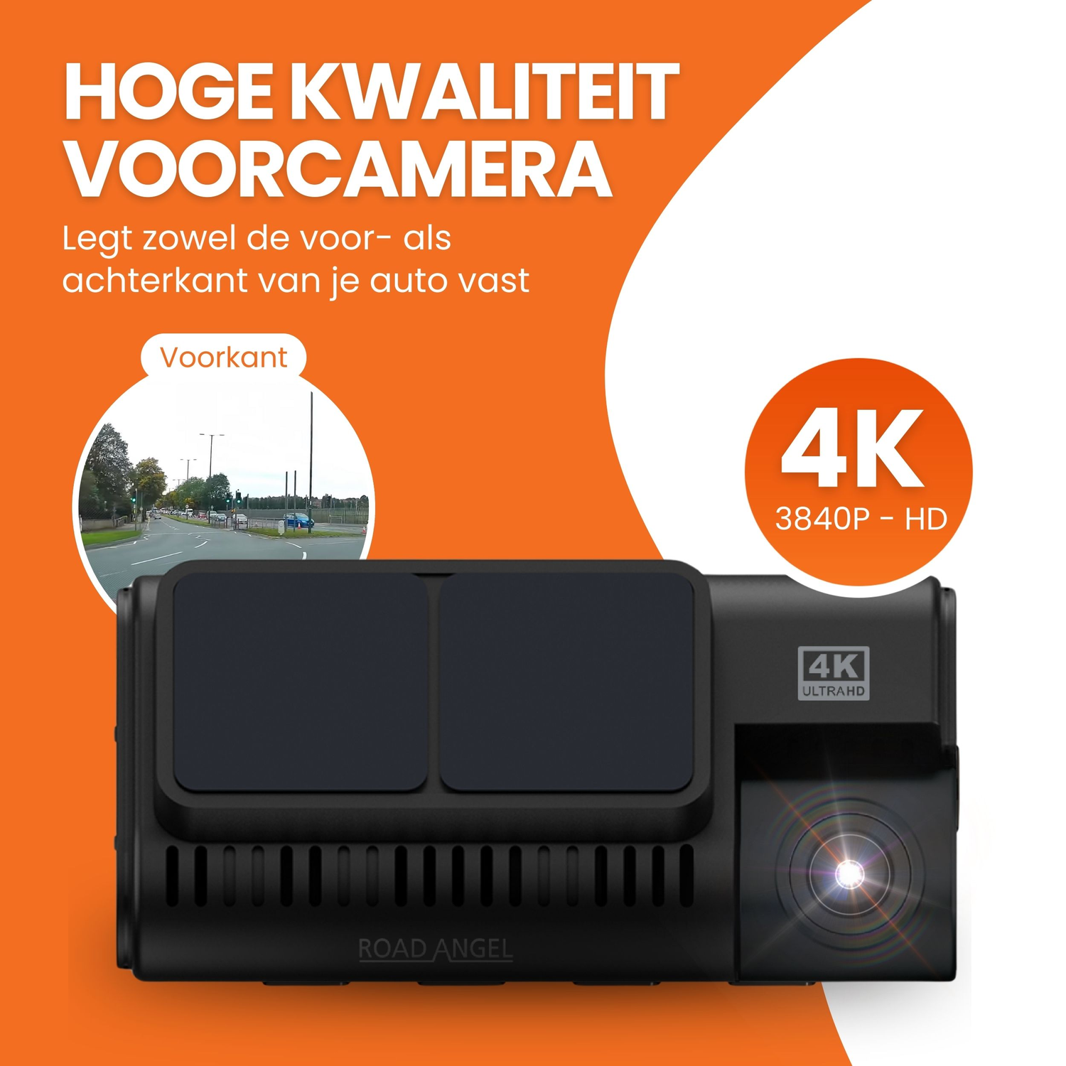 Zwarte dashcam toont een weg in een cirkel en 4K-details op een oranje achtergrond.