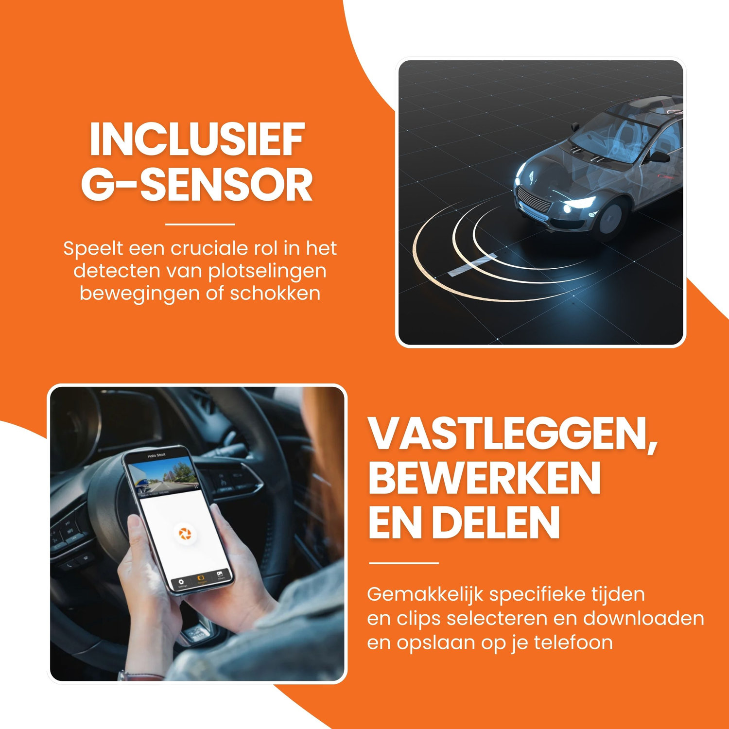 Afbeelding met tekst over G-sensor en auto, met telefoon met autoweergave.