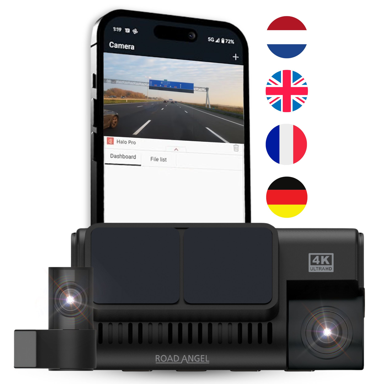 Een zwarte dashboardcamera met een telefoon die een app en vlaggen voor verschillende talen weergeeft.