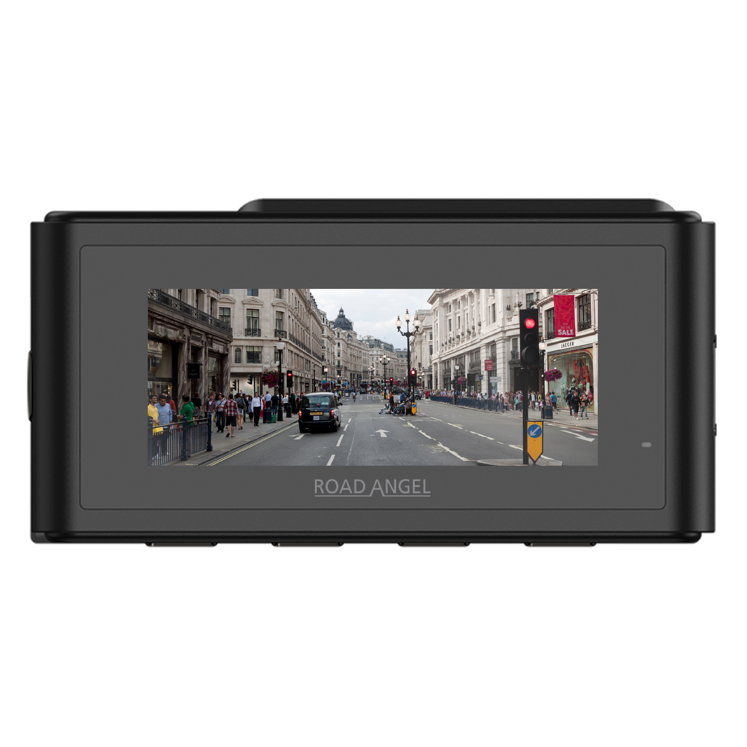 Zwart dashcam-scherm met een stadsstraat, mensen en gebouwen op de achtergrond.