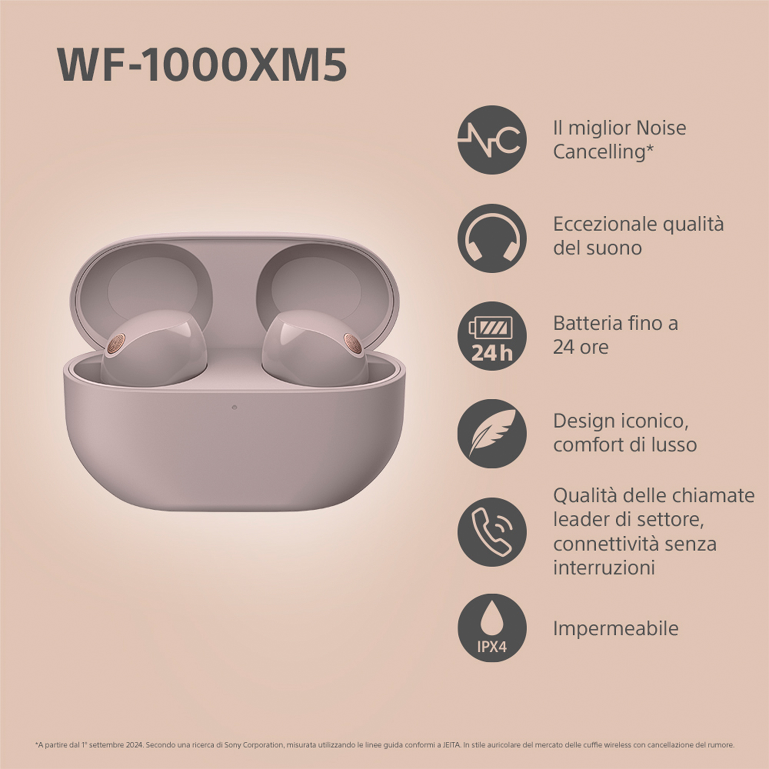Auricolari wireless in una custodia di ricarica, con icone che rappresentano funzioni come la cancellazione del rumore e la durata della batteria.