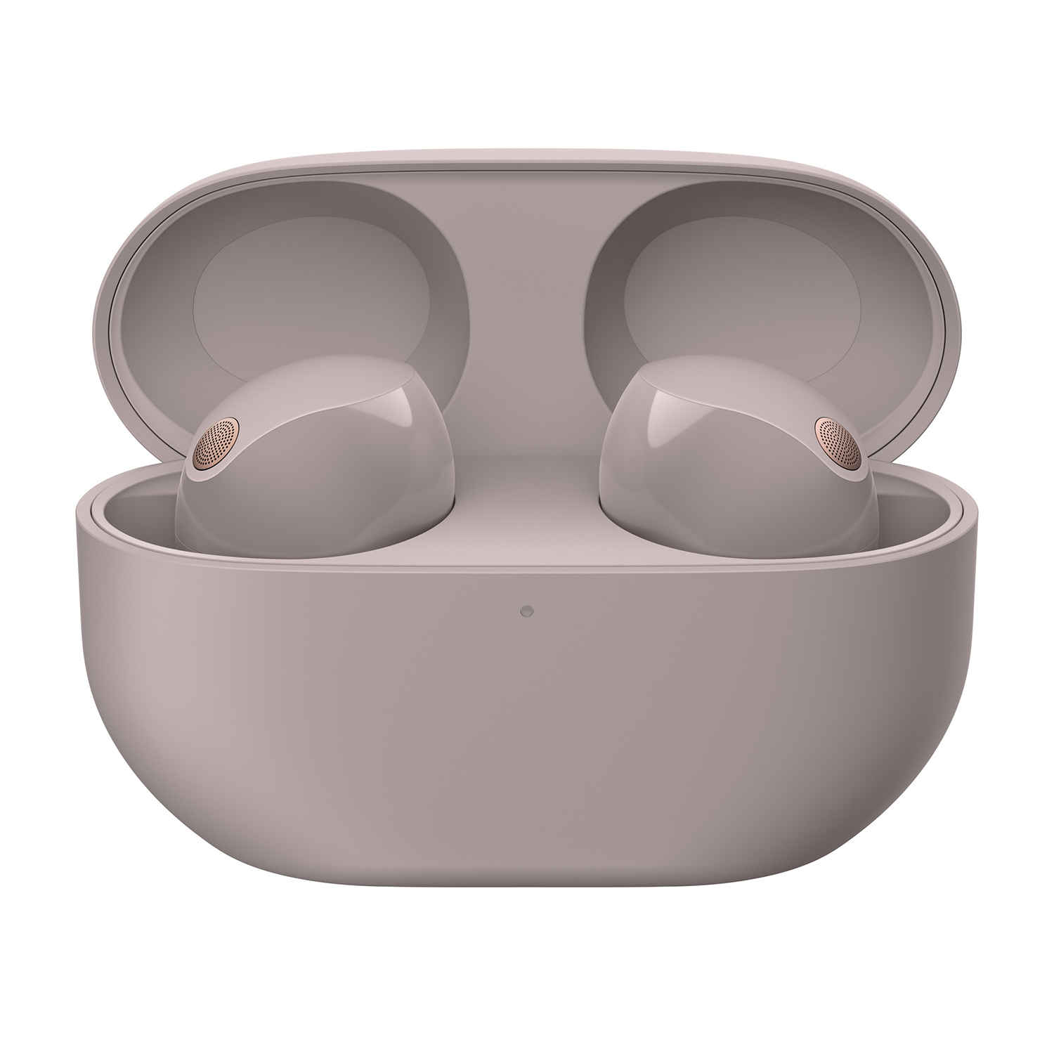 Custodia per auricolari lilla chiaro aperta, rivelando due auricolari wireless con dettagli dorati.