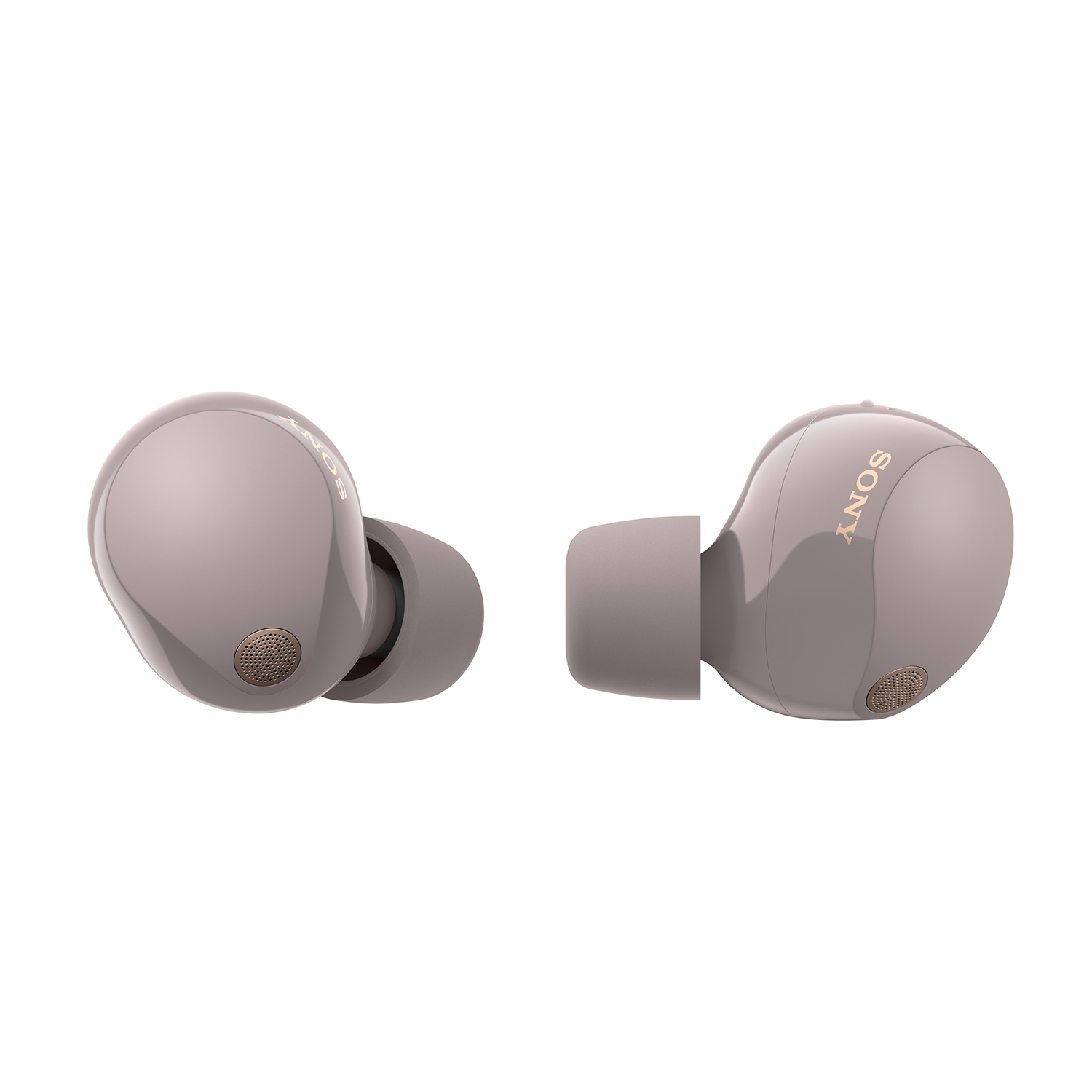 Due auricolari wireless grigi, ciascuno con una piccola griglia dorata, su sfondo bianco.