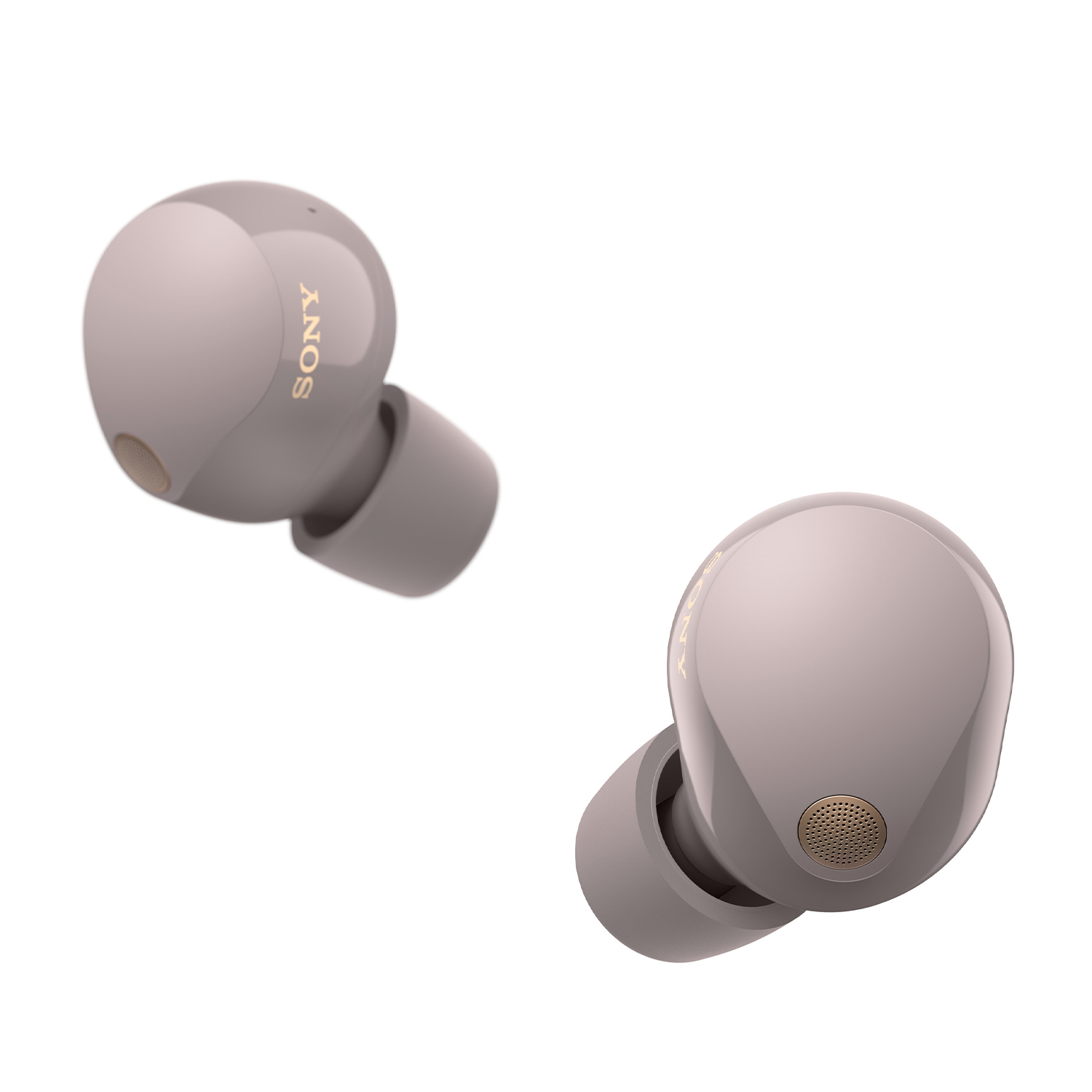 Due auricolari grigi, uno con il logo Sony, su sfondo bianco.