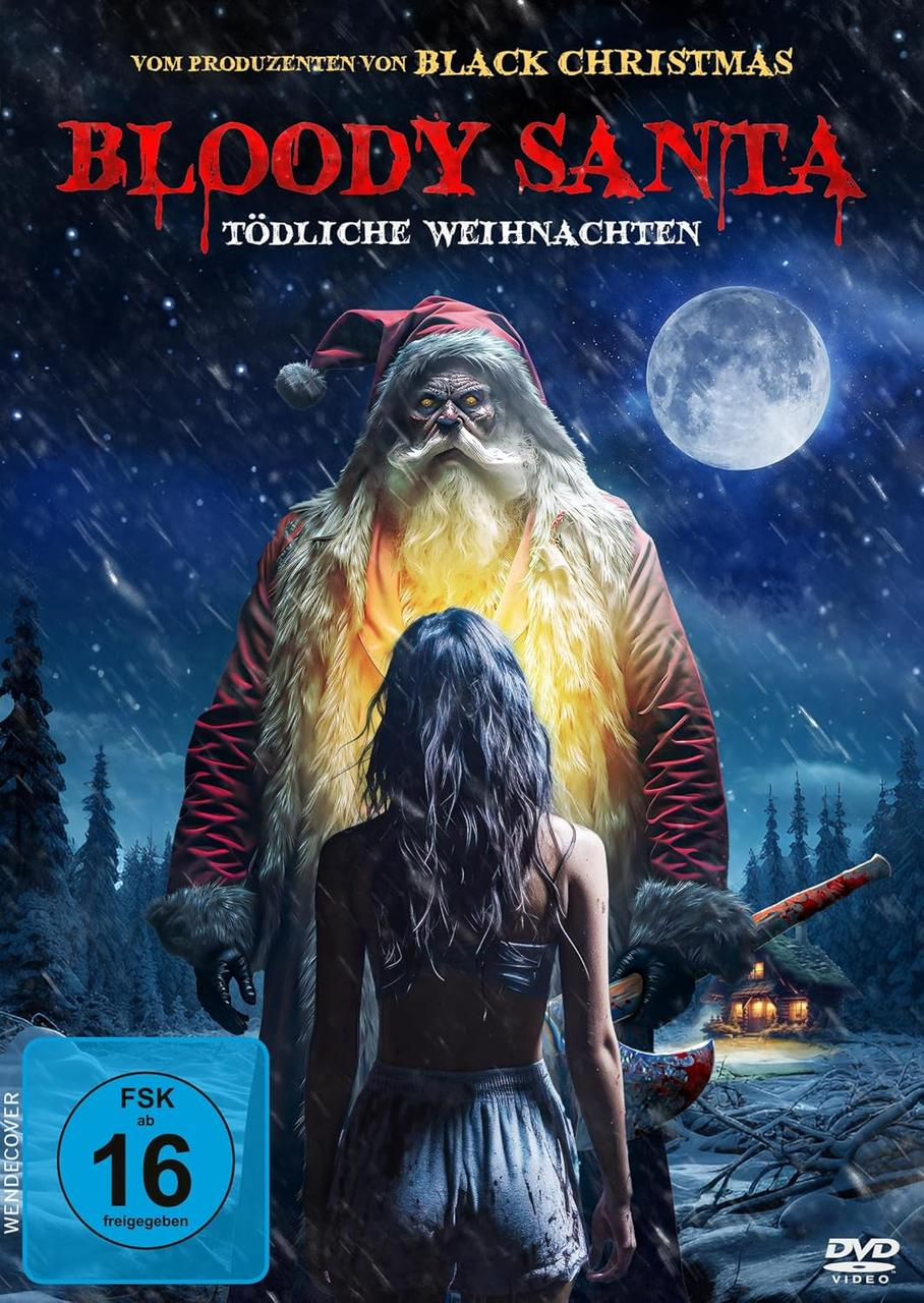 Filmplakat: Weihnachtsmann mit Axt, Frau, Schnee und Hütte. Der Titel ist "Bloody Santa".