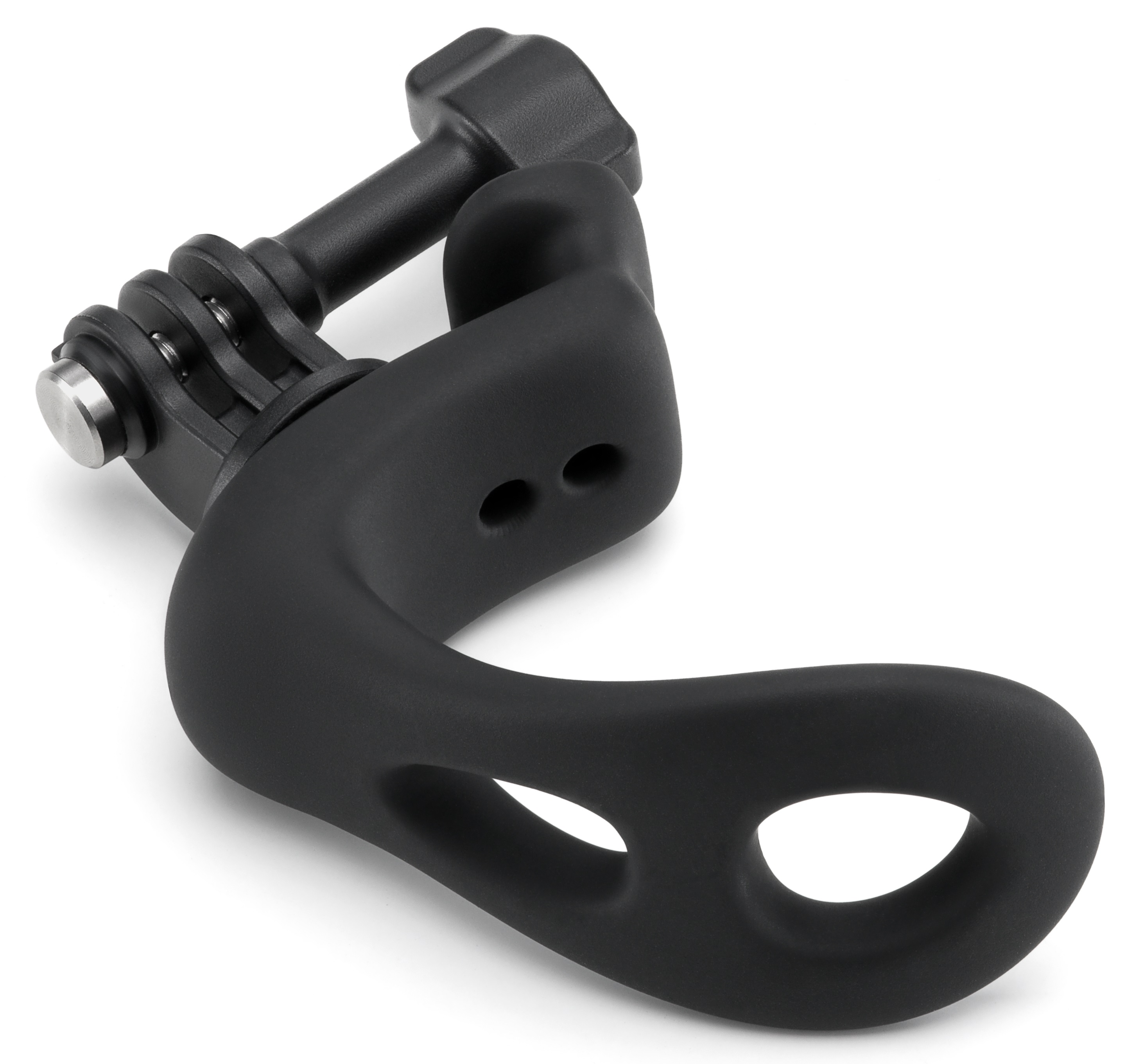 Czarny uchwyt do kamery z wieloma punktami połączeń i zakrzywioną konstrukcją.