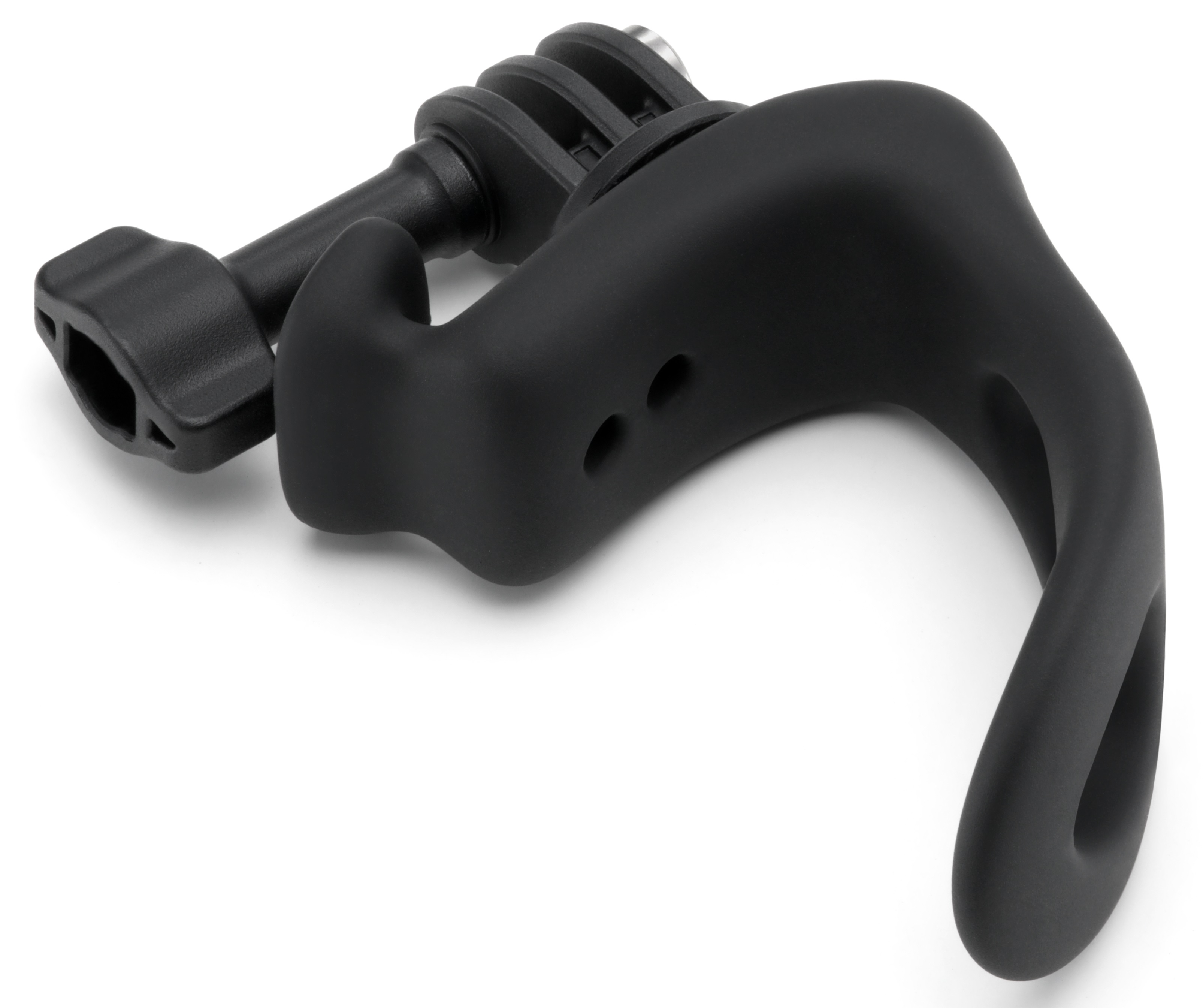 Czarny uchwyt kamery sportowej z elastyczną pętlą i złączem śrubowym. Białe tło.