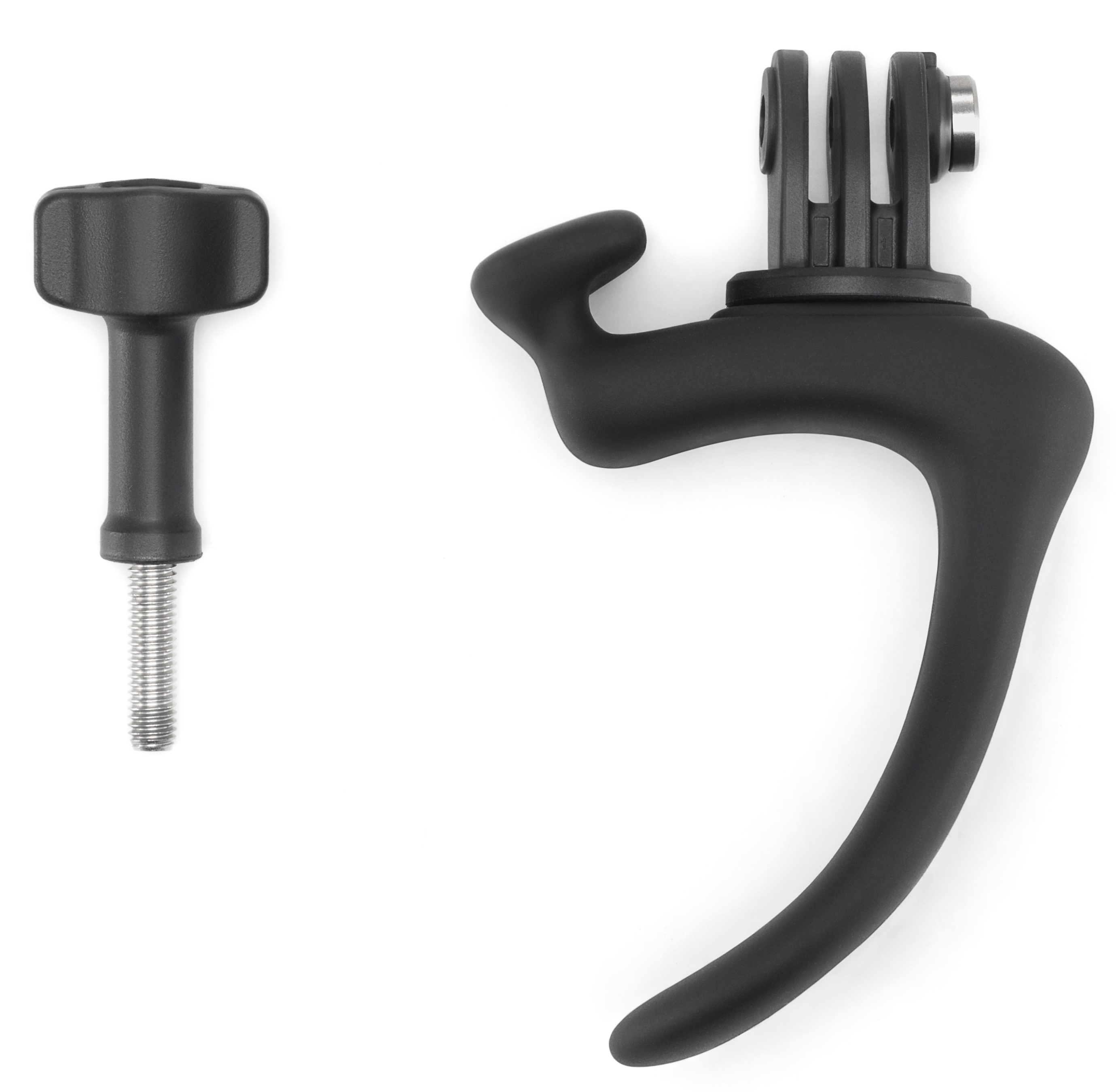Czarny uchwyt GoPro ze śrubą i łącznikiem w kształcie litery T na białym tle.