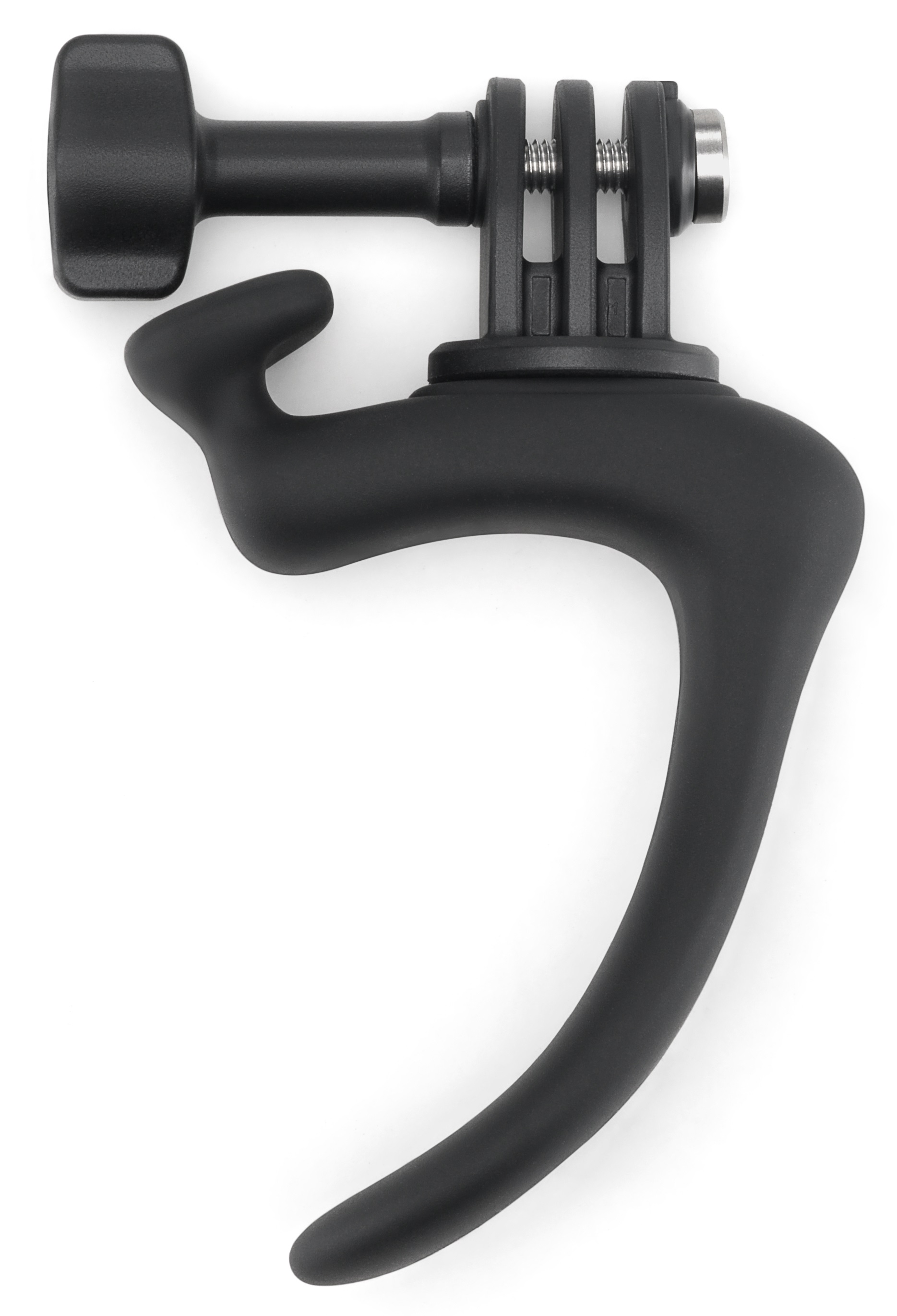 Czarny uchwyt do kamery sportowej z mocowaniem na białej powierzchni.