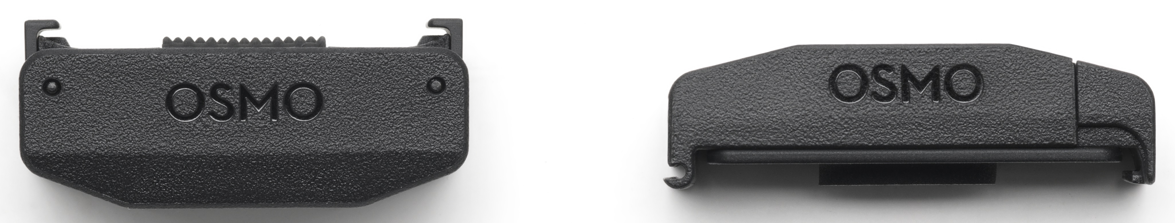 Dwa czarne akcesoria do kamery Osmo, jedno z przyciskiem, a drugie ze szczeliną.