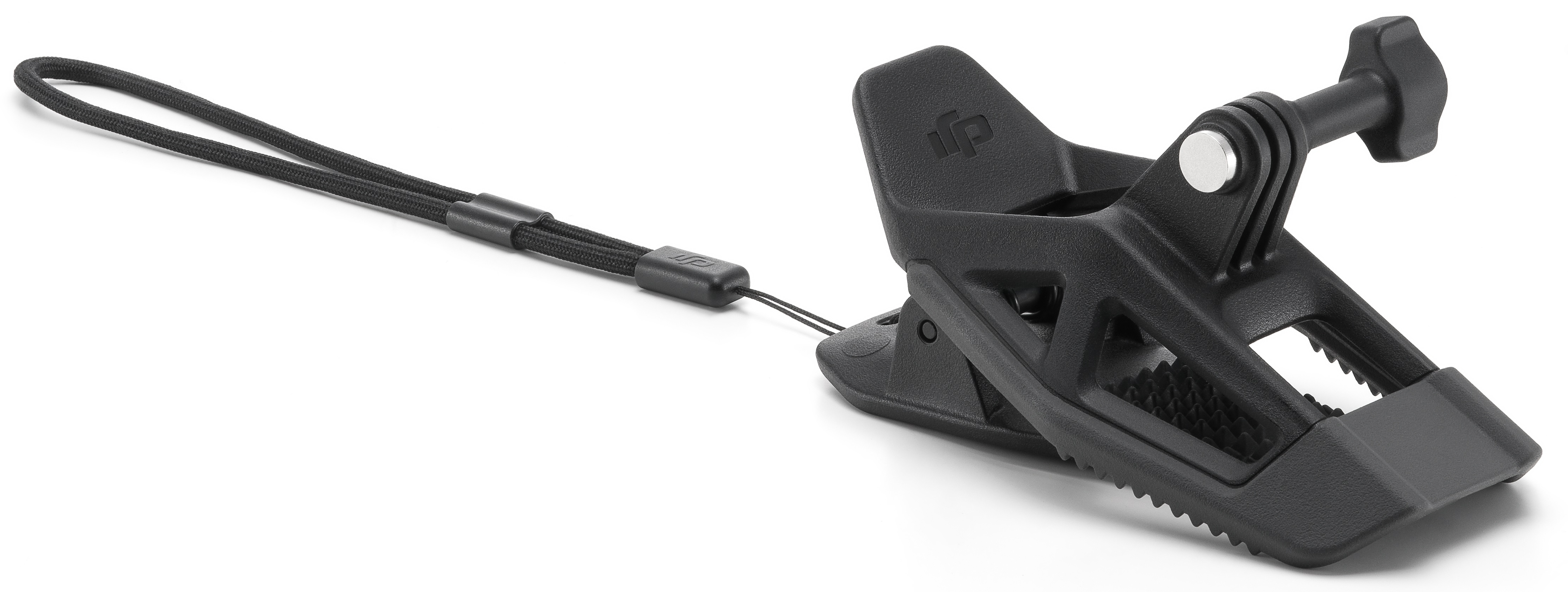 Czarny klips do kamery sportowej z czarnym paskiem. Klips ma ząbkowany uchwyt i mocowanie śrubowe.