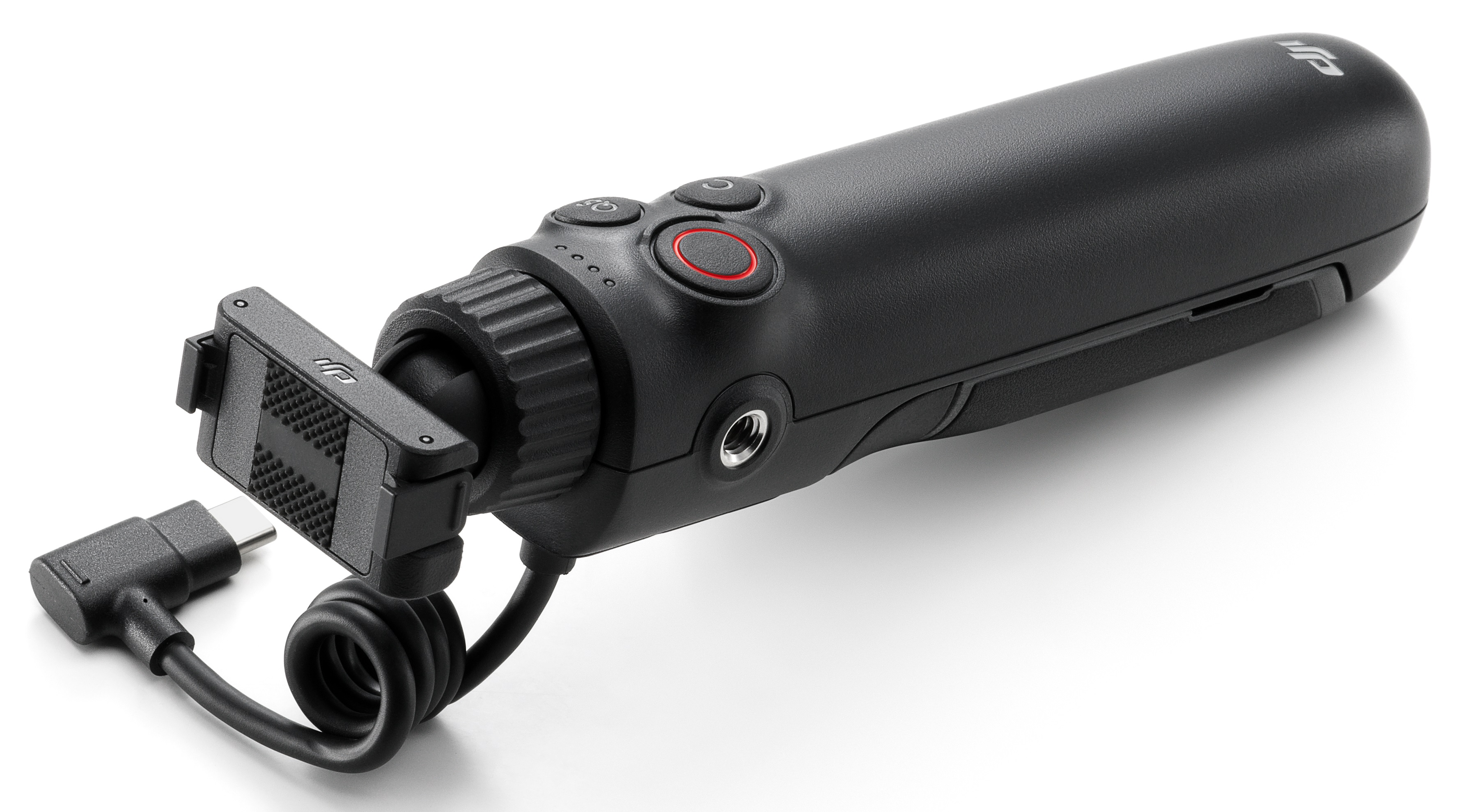 Czarny DJI Osmo Mobile SE. Jest to stabilizator ręczny z przyciskami i kablem ładującym.