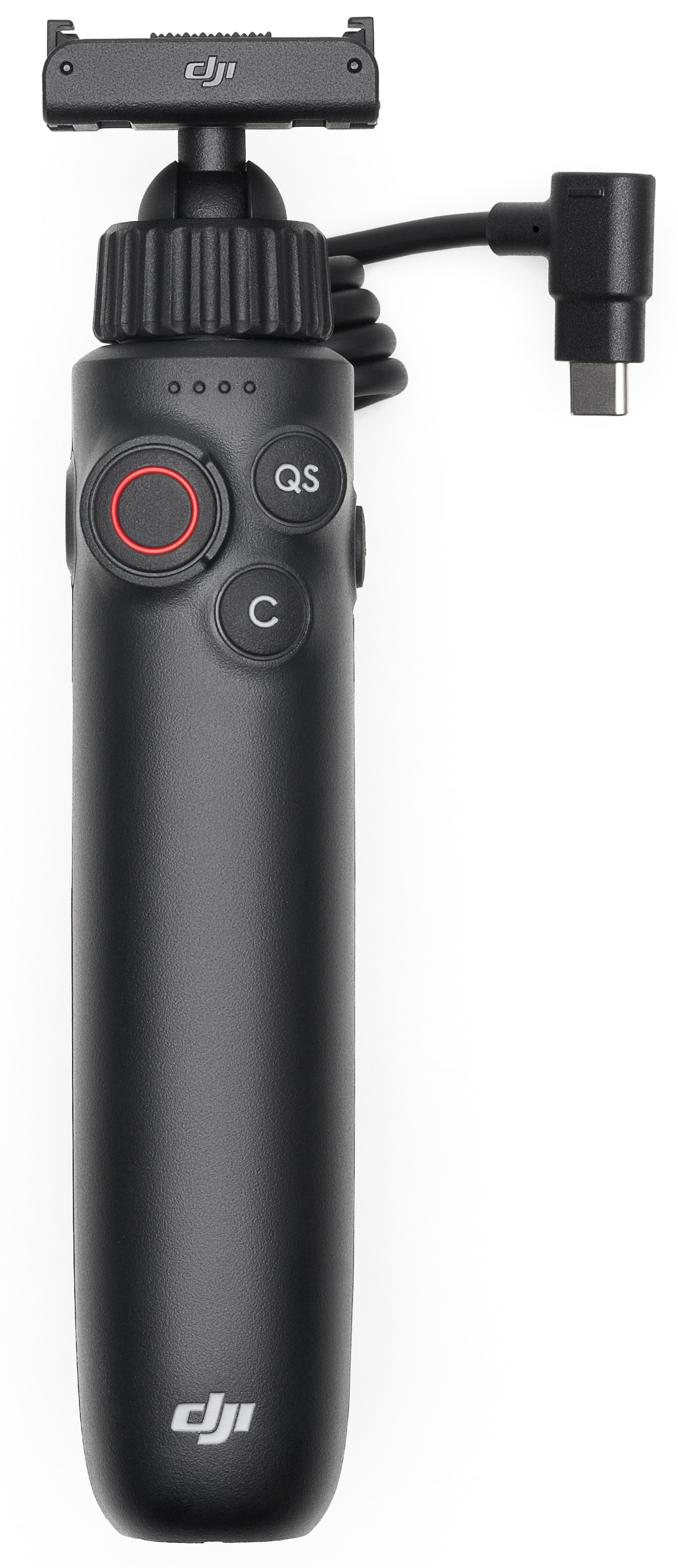 Czarne urządzenie ręczne z przyciskami, czerwonym przyciskiem nagrywania i portem USB-C. Logo DJI na dole.