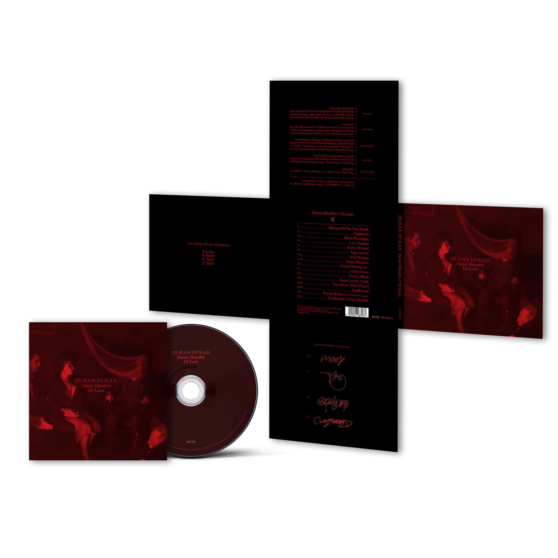 Duran Duran Album-Set, enthält Albumcover, CD und geöffnetes Album. Schwarz-rotes Design.