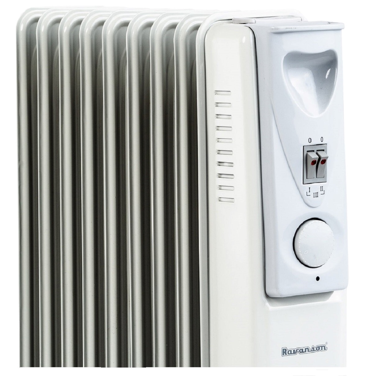 Biały grzejnik olejowy z panelem sterowania i żeberkami.
