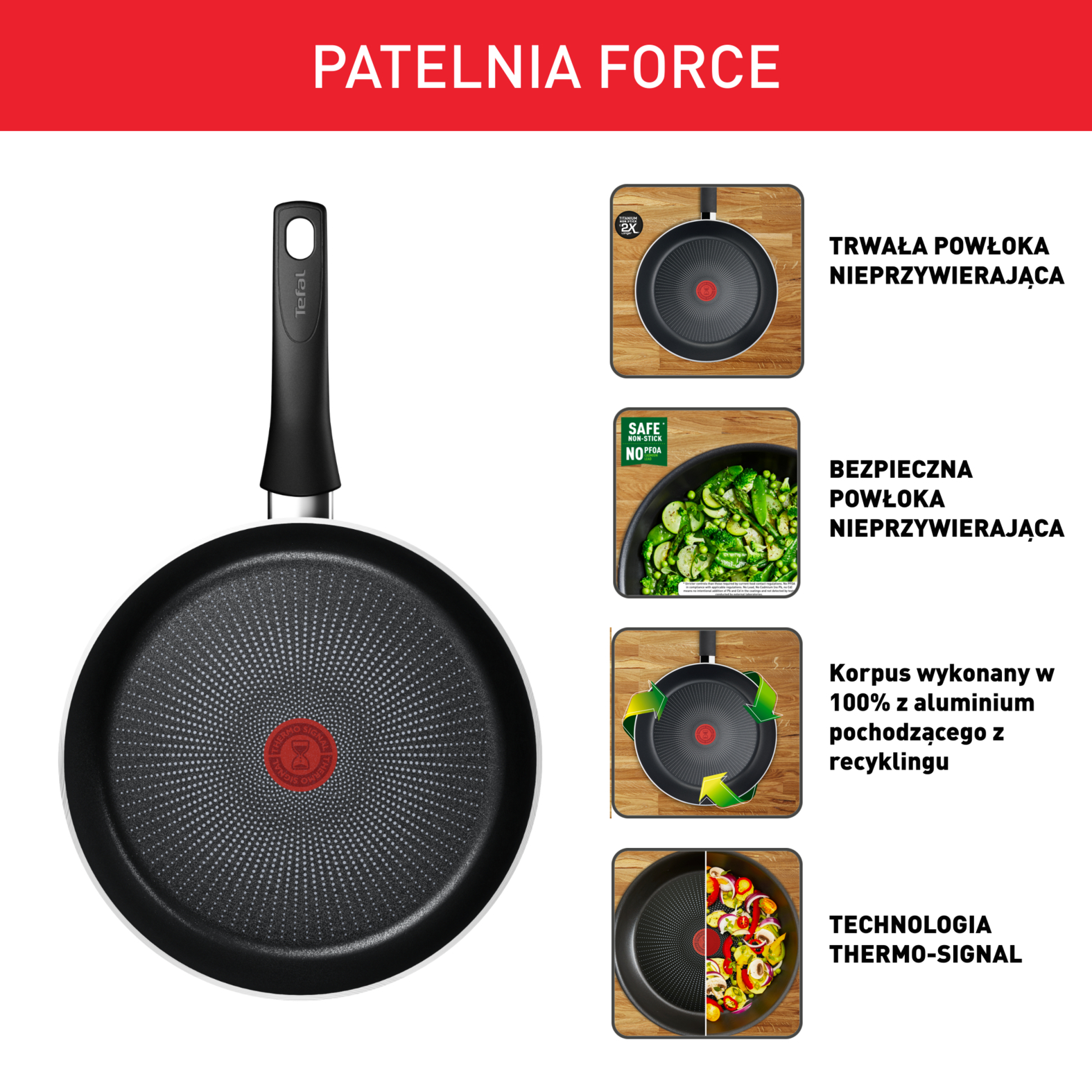 Czarna patelnia z czerwonym kółkiem pośrodku. Ma czarny uchwyt i tekst z boku.