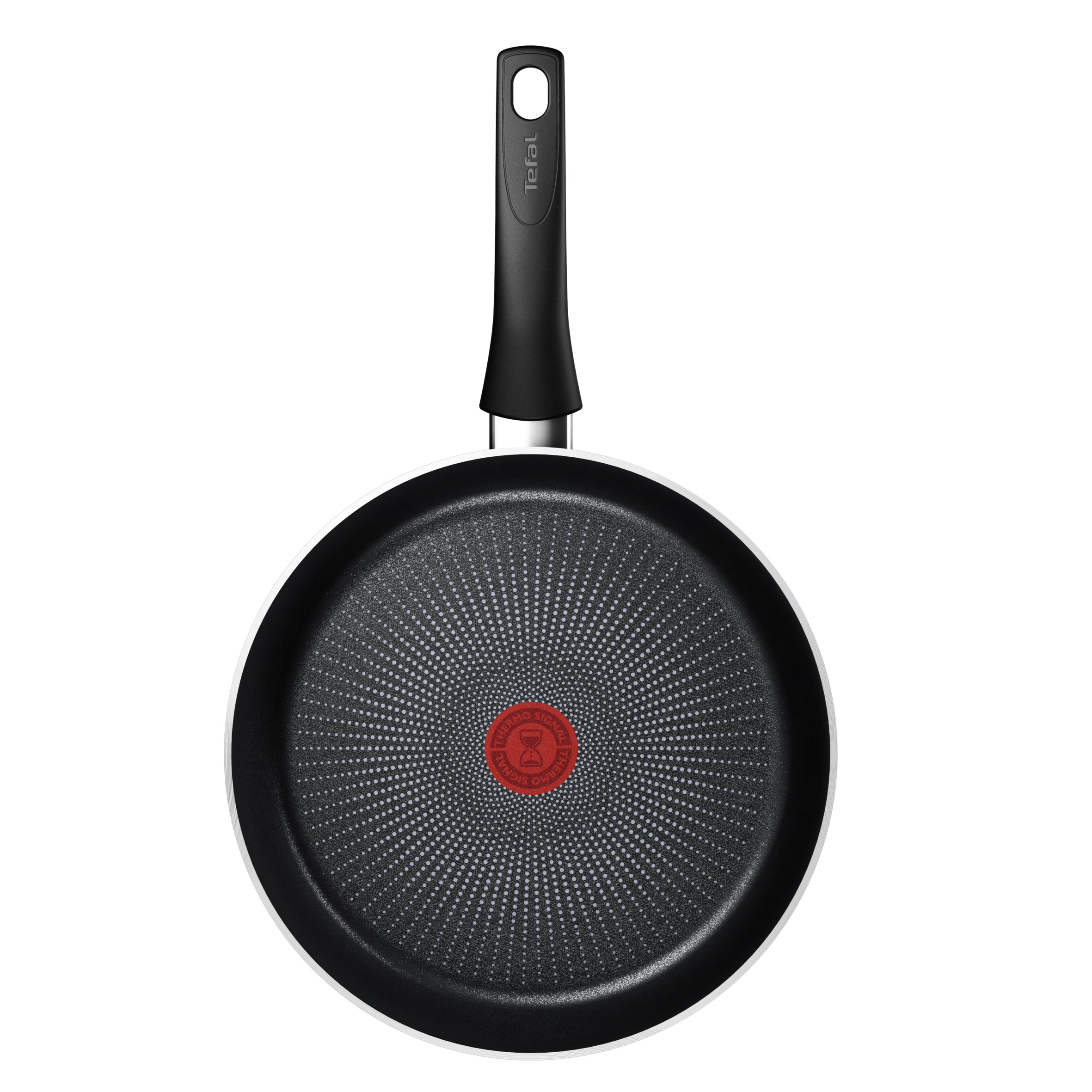 Widok z góry na czarną patelnię z czarnym uchwytem i czerwonym logo Tefal pośrodku.