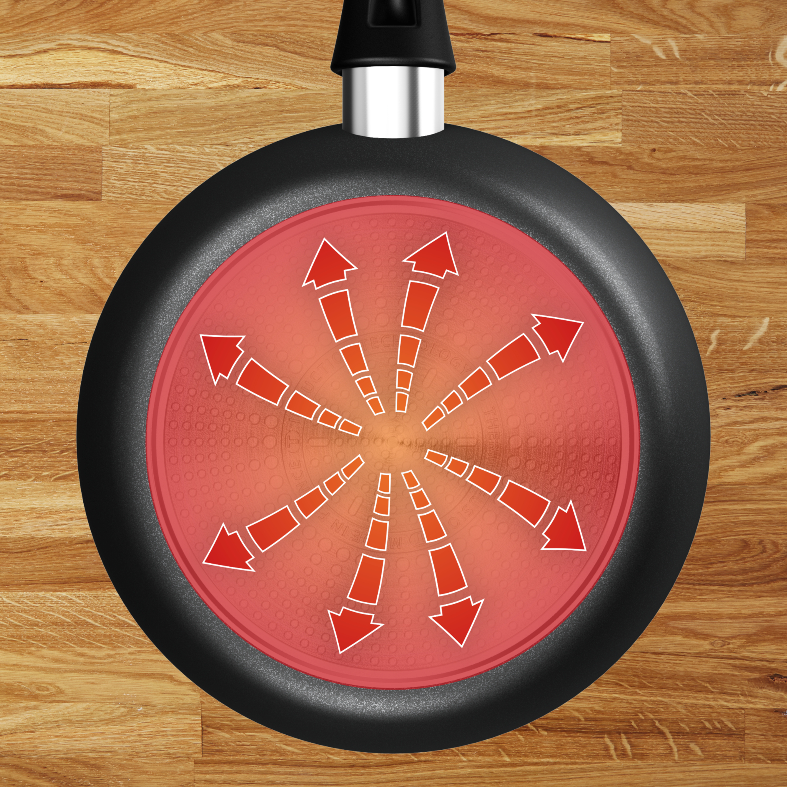 Czarna podstawa patelni z czerwonymi strzałkami pokazującymi rozkład ciepła na drewnianej powierzchni.