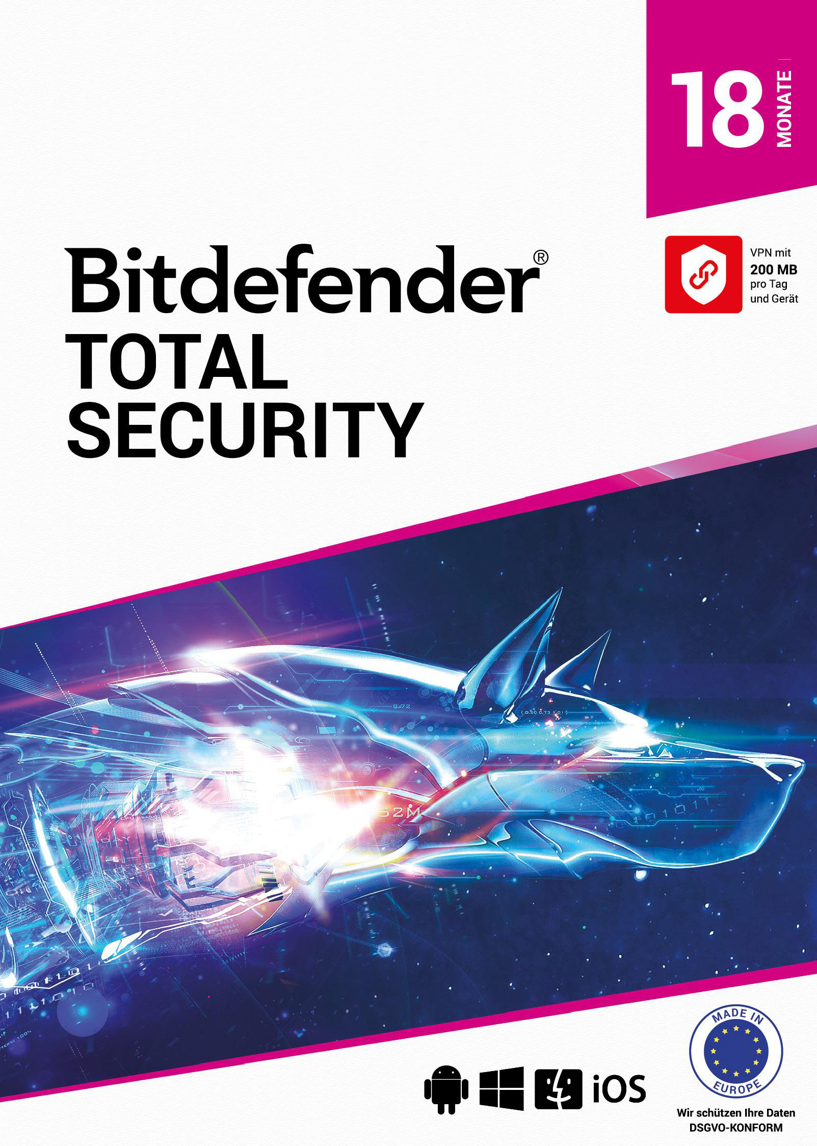 Bitdefender Total Security-Box. Weißer Hintergrund, Bitdefender-Logo. 18 Monate Angebot. Blaues und pinkes Design.