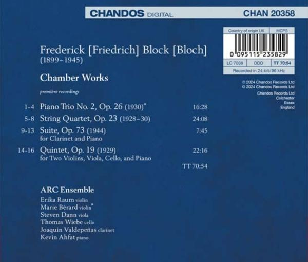 CD-Cover mit dem Titel Frederick Block Chamber Works, mit Text und einem Barcode.