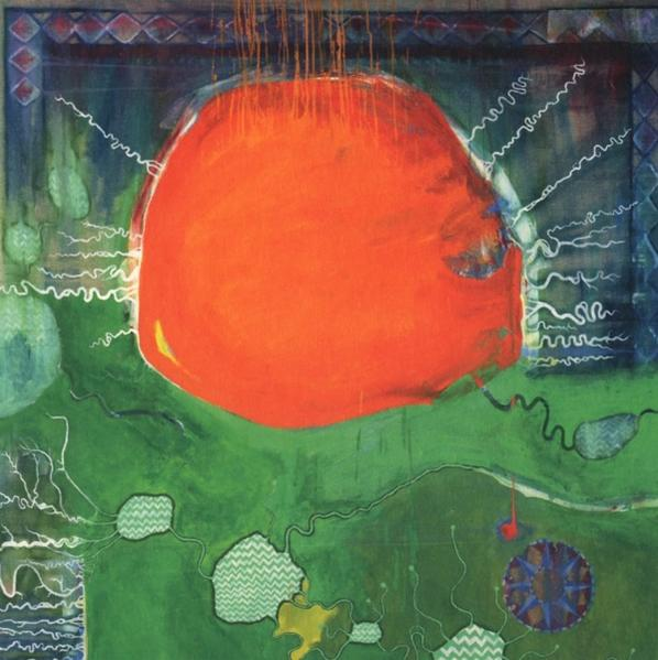 Abstraktes Gemälde mit orangefarbener Sonne und grüner Landschaft. Weiße Linien und bunte Ränder.