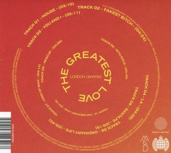 Eine CD mit einem roten und gelben kreisförmigen Design. Sie zeigt Titelnamen und den Albumtitel 'The Greatest Love'.