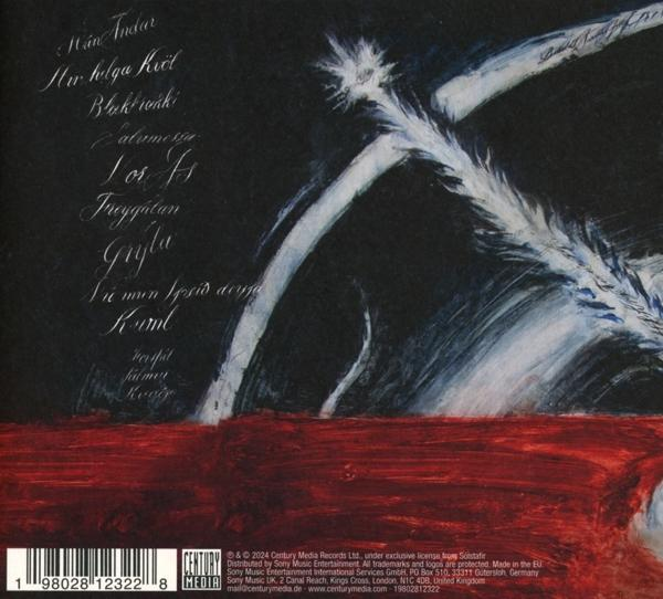 Album-Rückseite mit Text und Credits. Rote und weiße Farben, Text handschriftlich.
