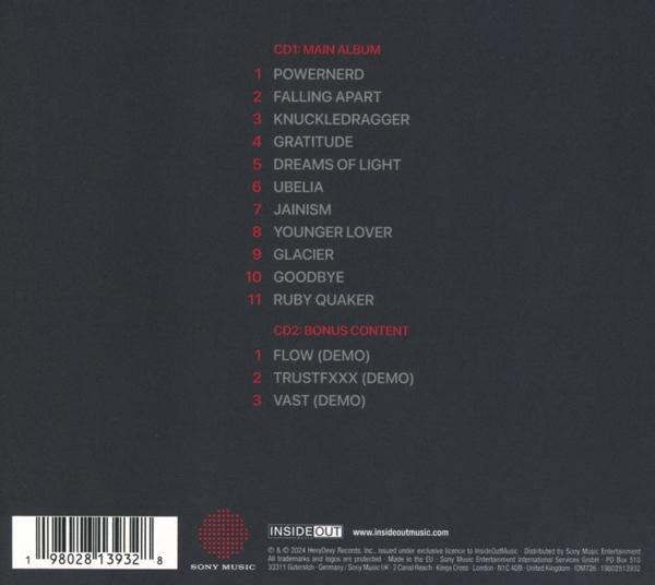 CD-Rückseite mit Titelliste. Schwarzer Hintergrund. InsideOut Music und Sony Music Logos.
