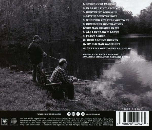Rückseite einer CD mit Titelliste und zwei Männern beim Angeln am See. Albumcover.