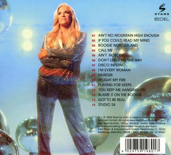 CD-Cover mit einer Frau in glitzerndem Outfit, mit Text in Englisch.
