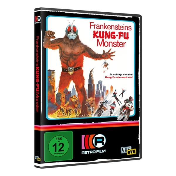 DVD-Cover, Frankensteins Kung-Fu Monster, Monsterfigur, Gebäude, Retro-Stil.