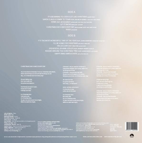 Schallplattenhülle mit Weihnachtsliedtiteln und Titellisten in weißem Text auf einem farbverlaufenden Hintergrund.