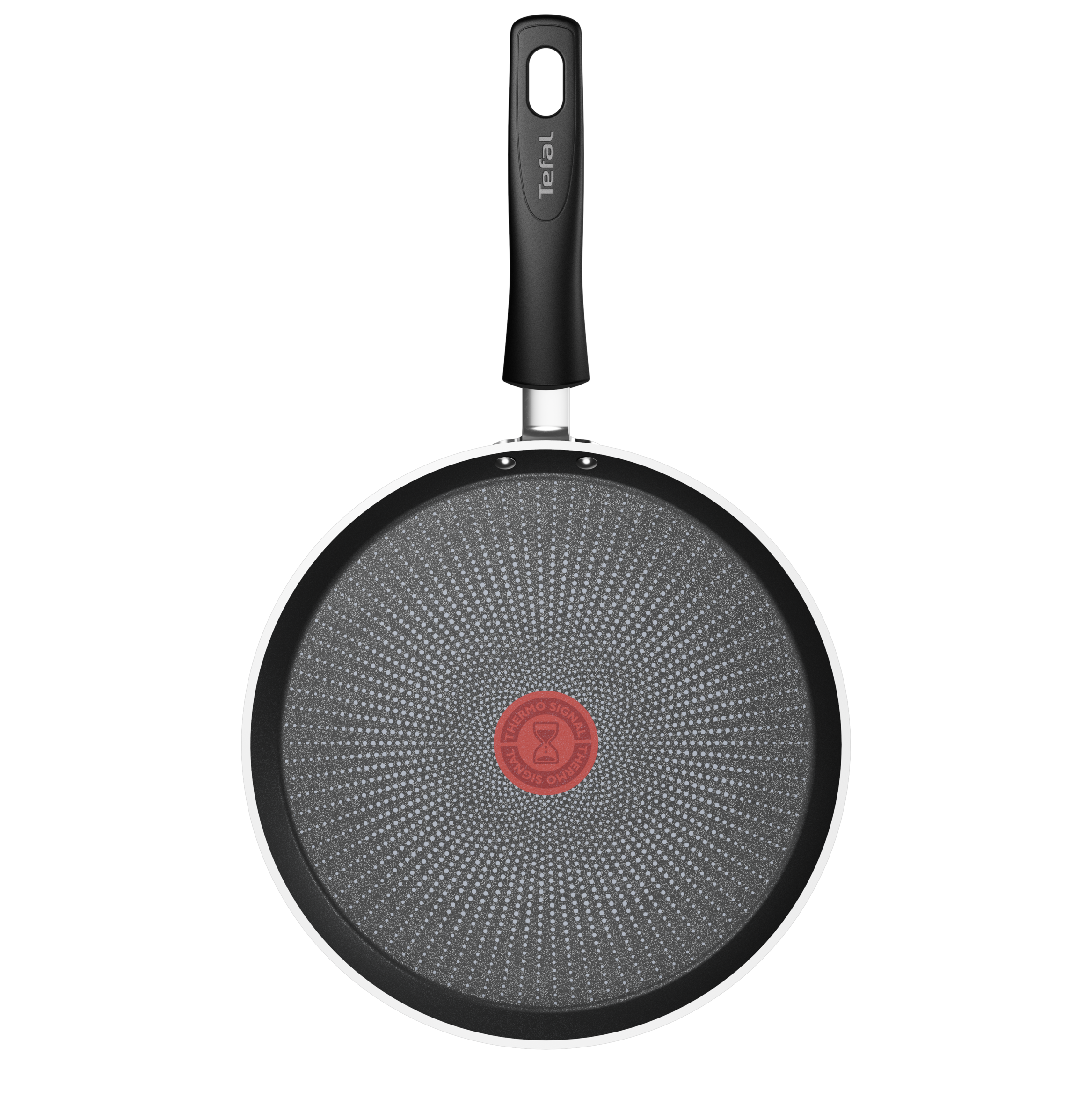 Widok z góry na czarną patelnię z czerwonym logo Tefal pośrodku.
