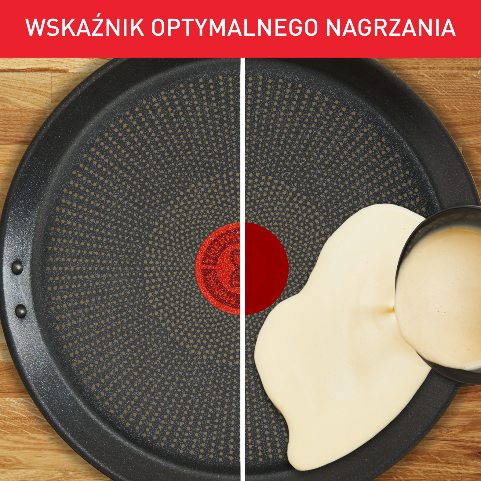 Ciasto naleśnikowe wylewane na rozgrzaną patelnię z czerwoną kropką.