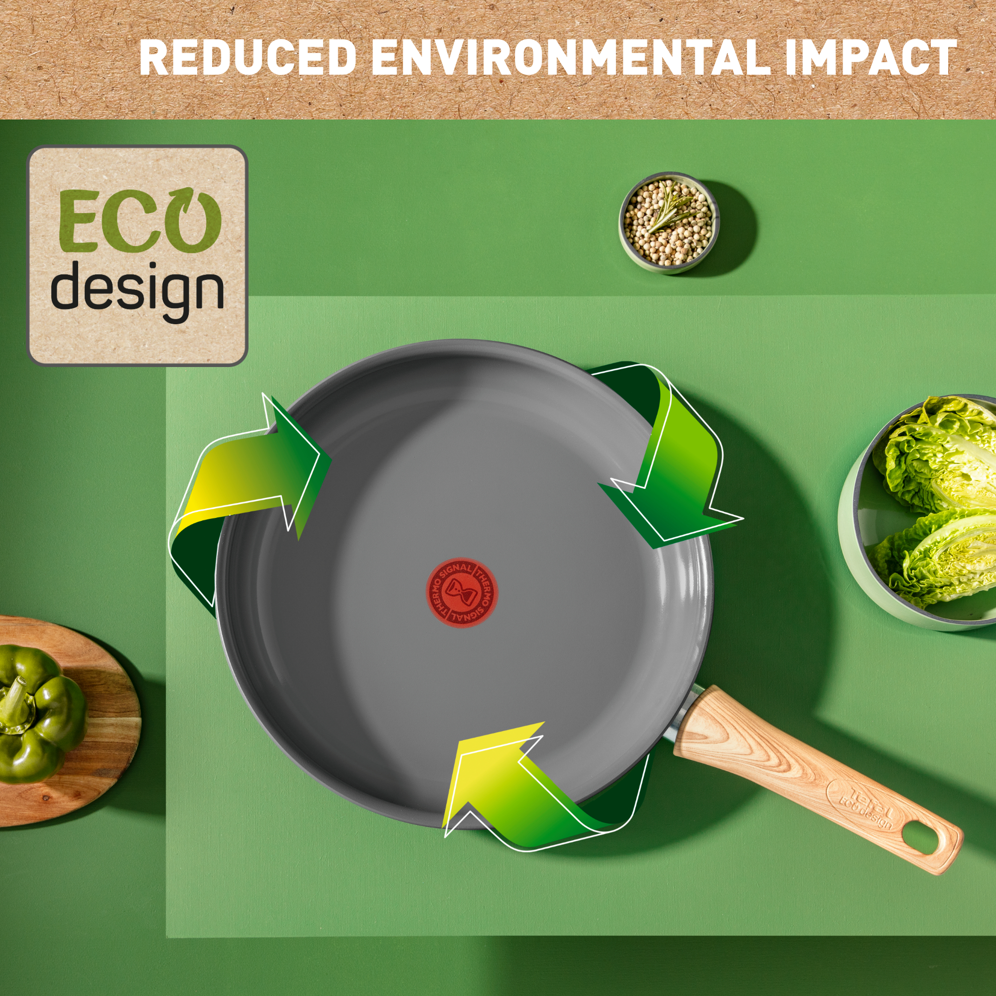 Szara patelnia z drewnianym uchwytem, otoczona strzałkami, składnikami i słowami 'ECO design'.