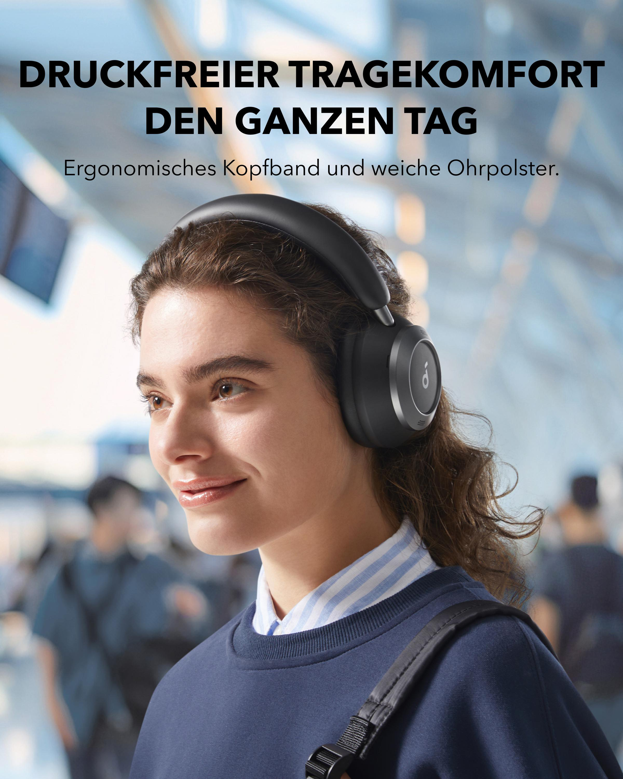 Frau mit schwarzen Kopfhörern. Text: 'Druckfreier Tragekomfort den ganzen Tag'.