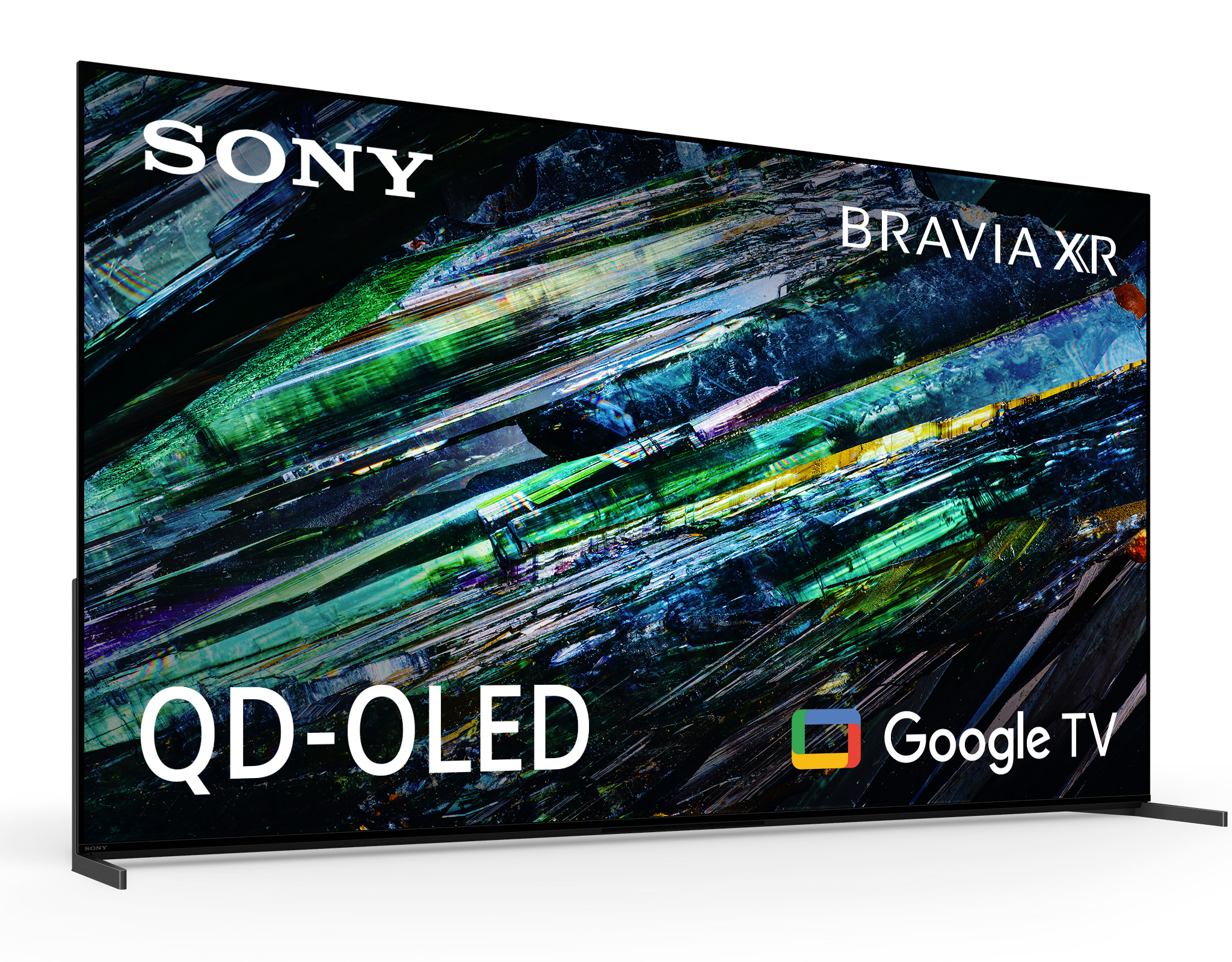 Duży telewizor z płaskim ekranem z napisem 'SONY BRAVIA XR QD-OLED Google TV'. Widok pod kątem.