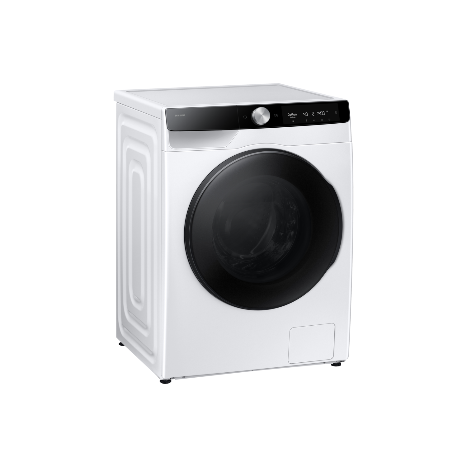 Witte wasmachine met zwarte deur, schuine weergave, op zwarte achtergrond.