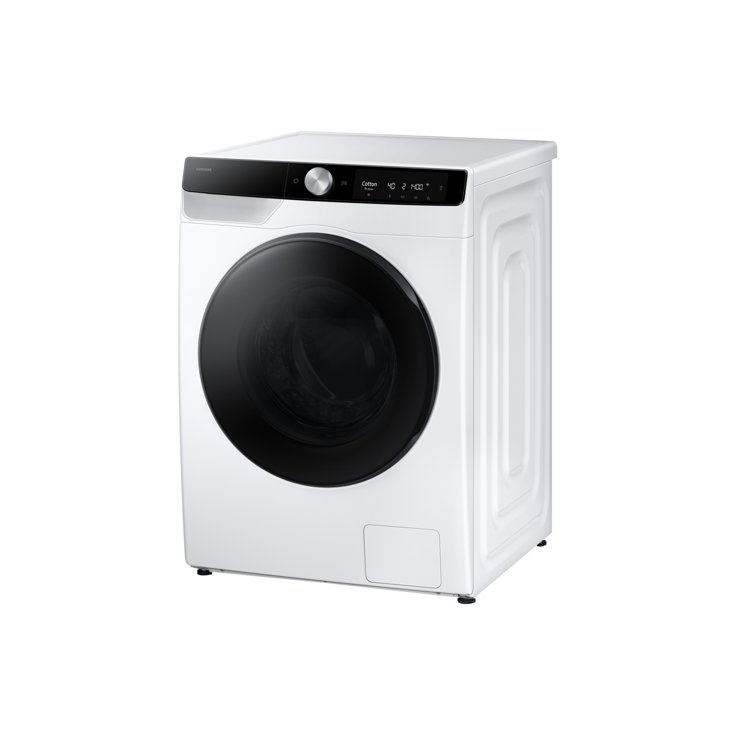 Een witte wasmachine. Het heeft een zwarte deur en een bedieningspaneel aan de bovenkant.