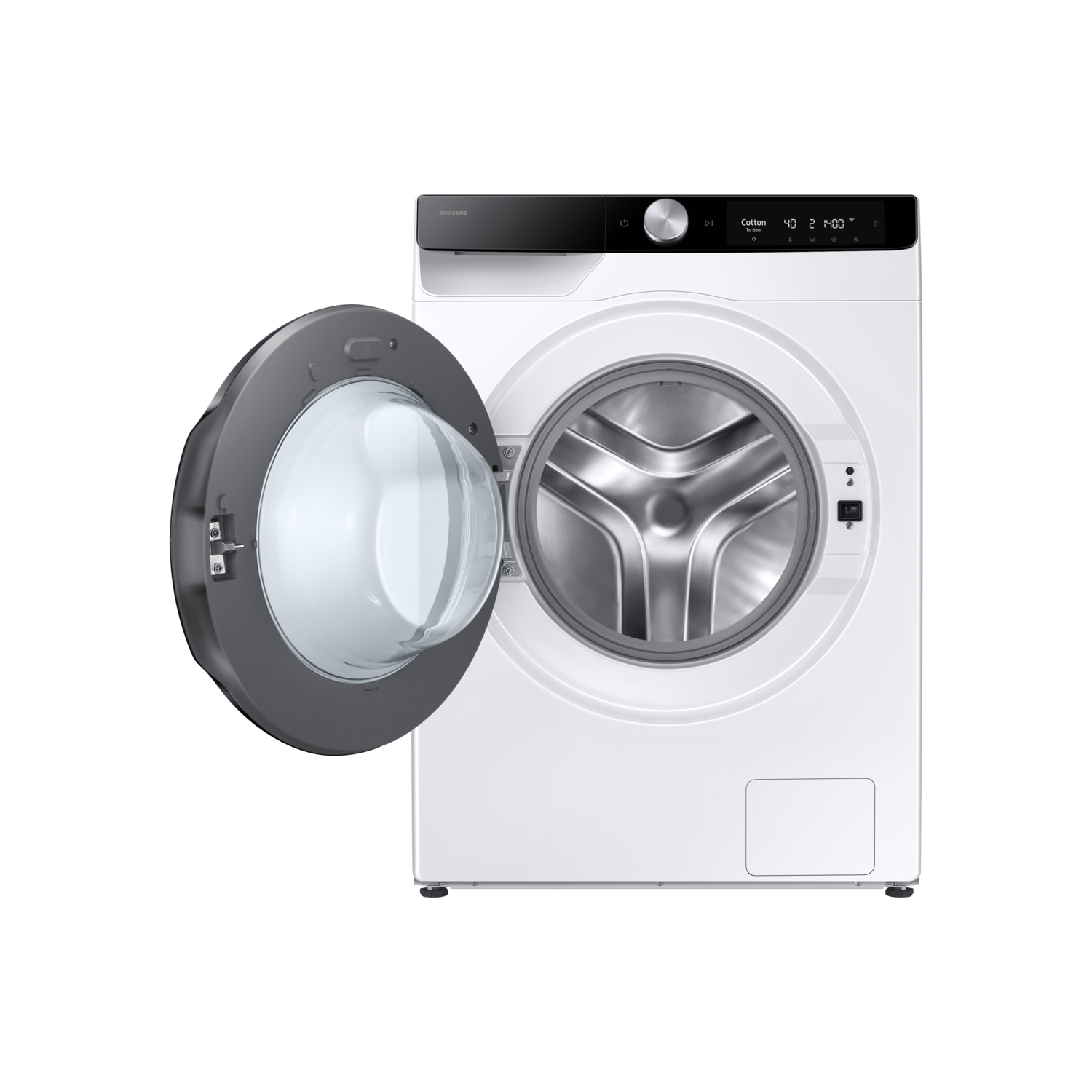 Witte wasmachine met open deur, zwart deurkozijn, op zwarte achtergrond.